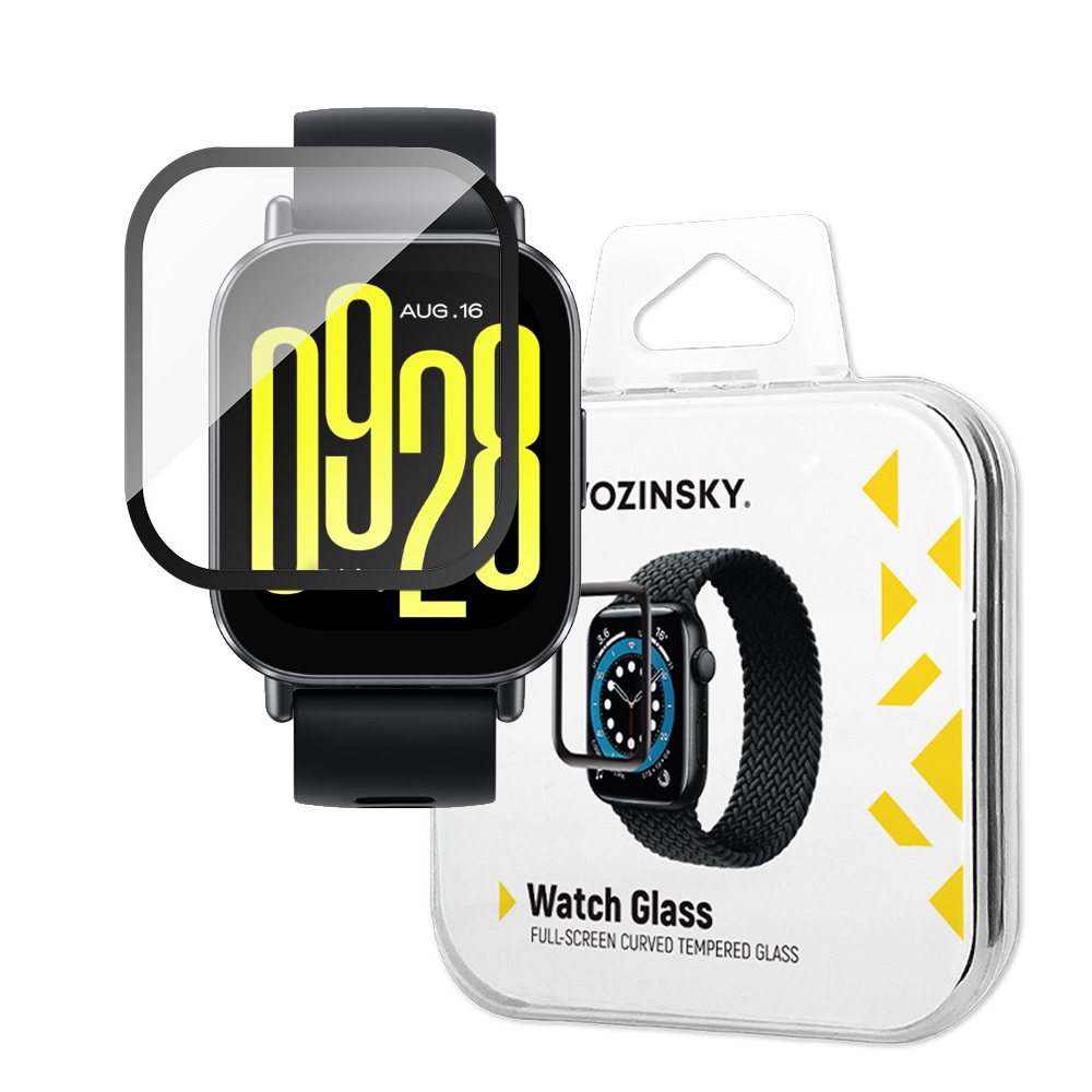 Smartwatch z ochraniaczem ekranu i opakowaniem z napisem "Watch Glass". Białe tło.