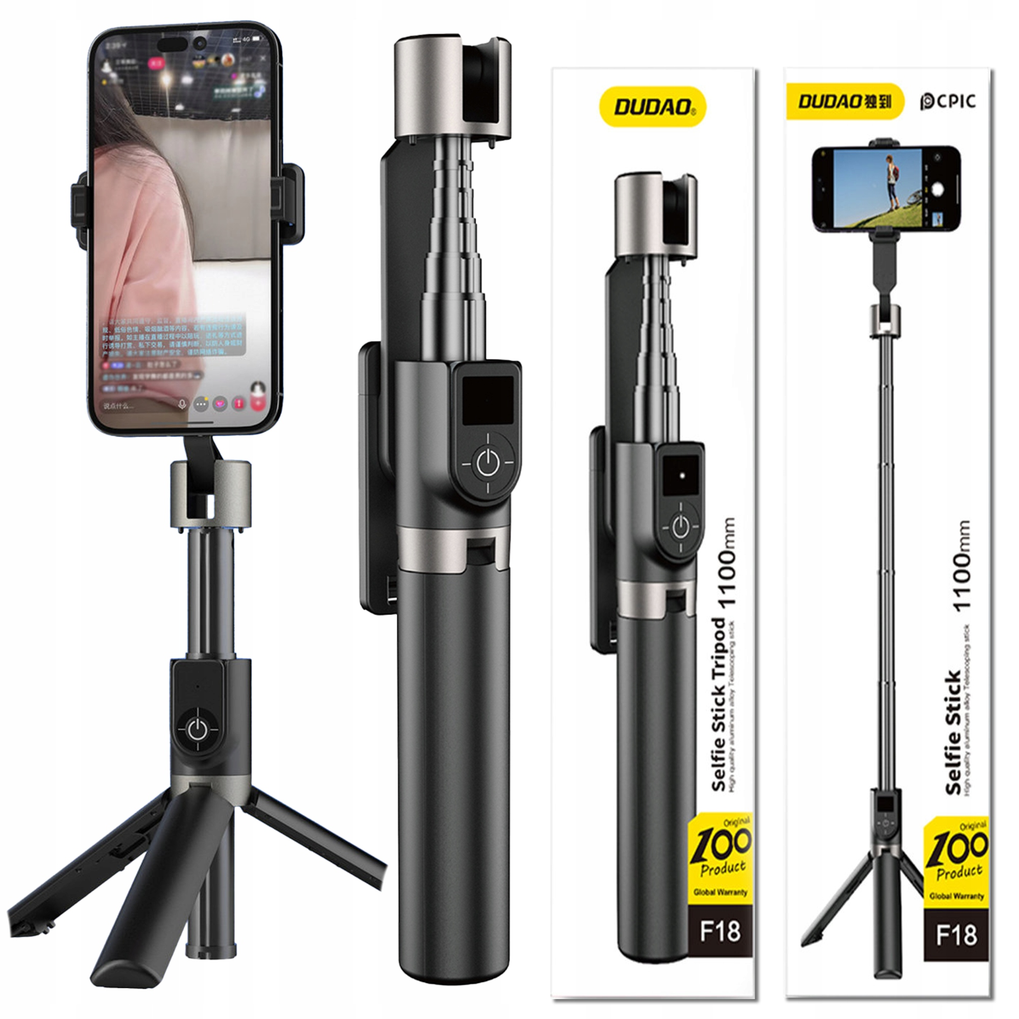 Czarny kijek do selfie z wbudowanym statywem. Kijek ma uchwyt na smartfona na górze.