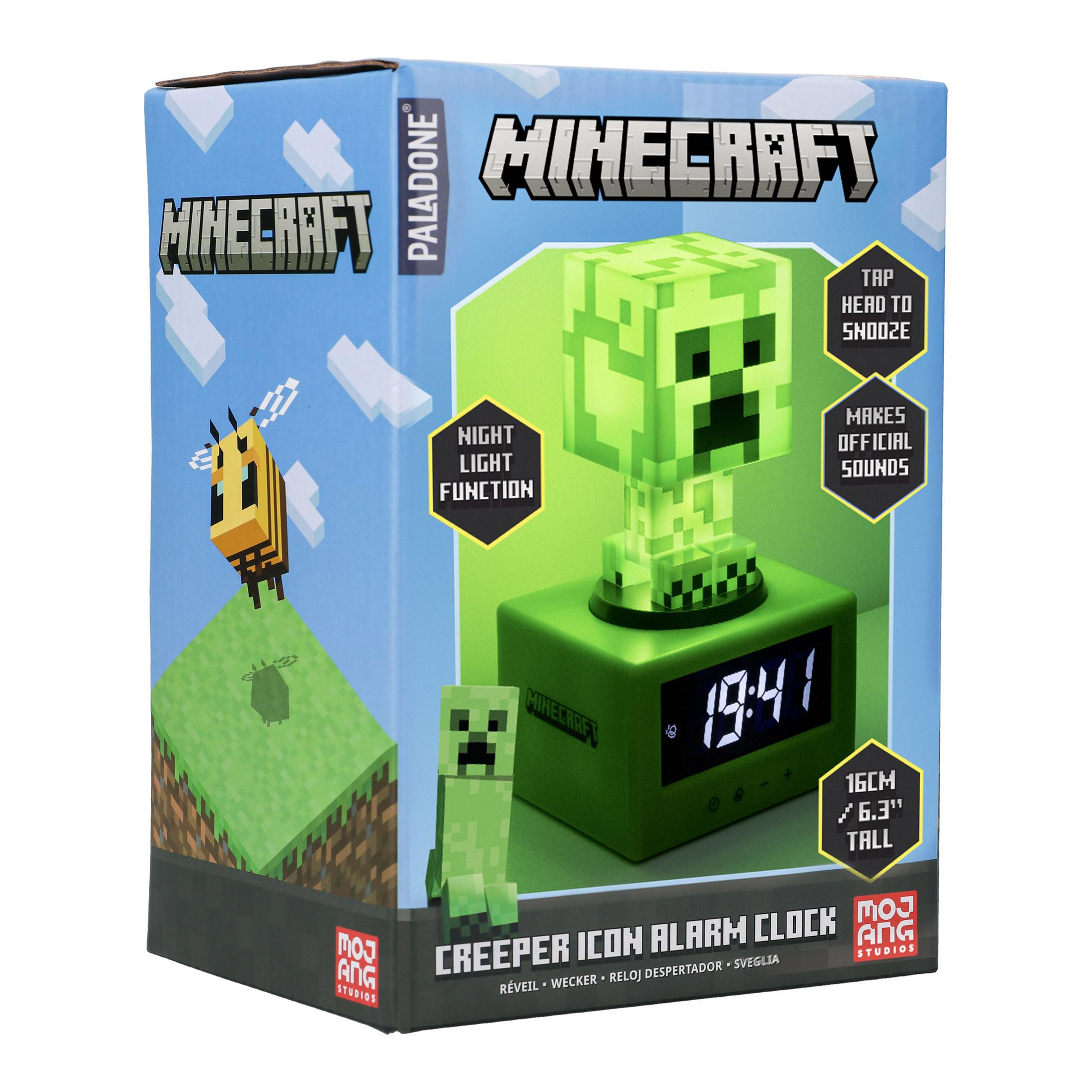 Pudełko budzika Minecraft Creeper z postacią Creepera i szczegółami budzika.