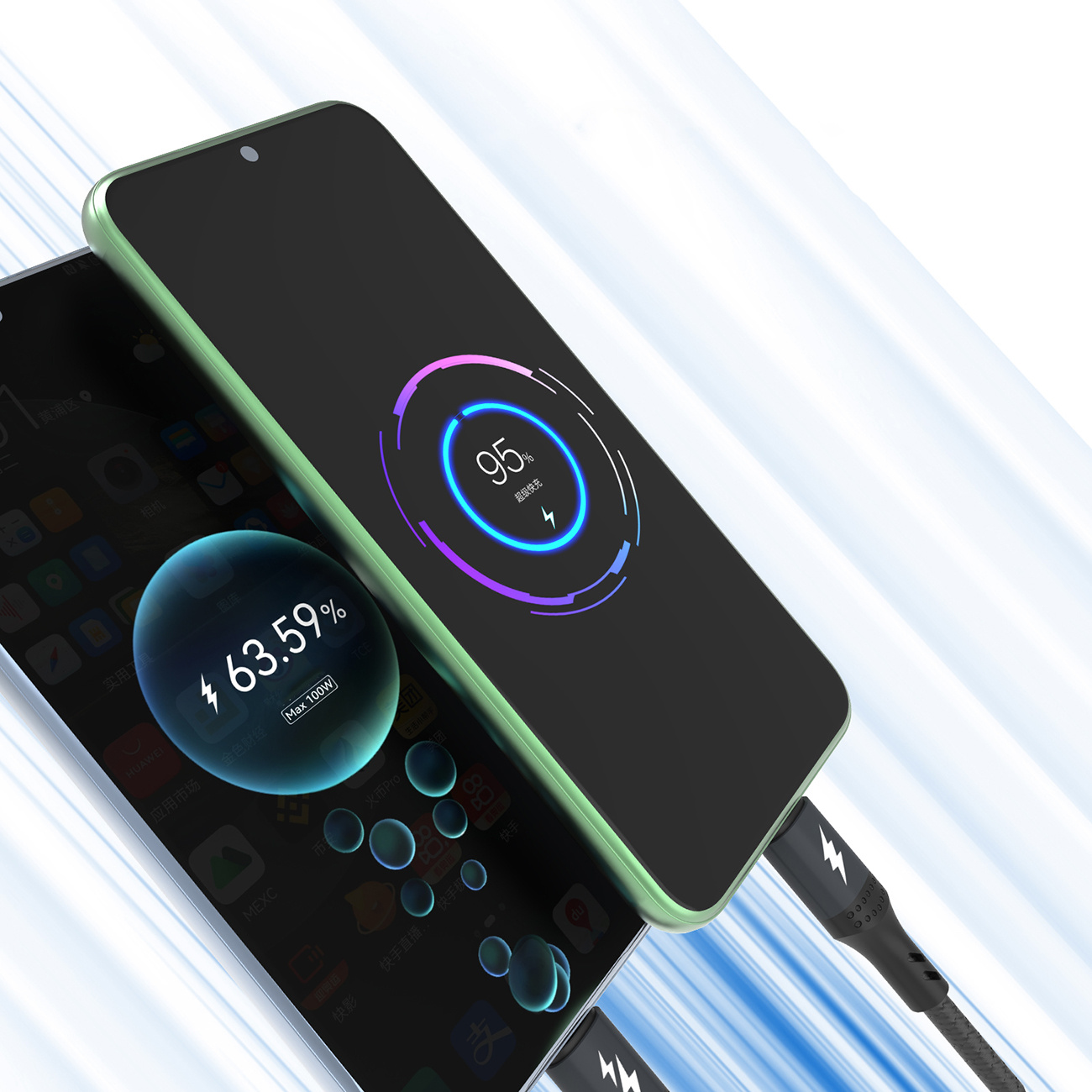 Dwa smartfony ładujące się czarnym kablem, pokazujące procent naładowania baterii i symbol ładowania.