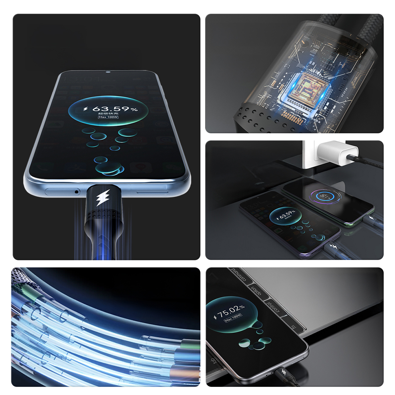 Kolaż zdjęć przedstawiających ładowanie telefonów, zbliżenie kabla i otwarty komponent kabla.