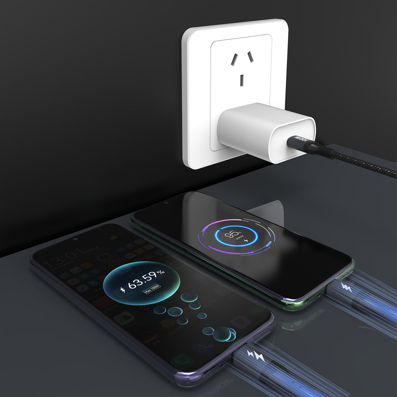 Dwa telefony w trakcie ładowania, jeden na 63,59%, drugi na 95%, podłączone do gniazdka.