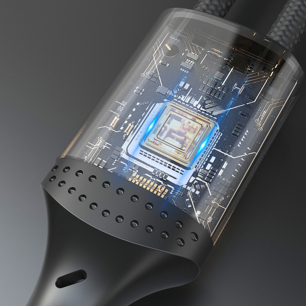 Zbliżenie złącza kabla USB-C, ukazujące wewnętrzne obwody przez przezroczysty plastik.