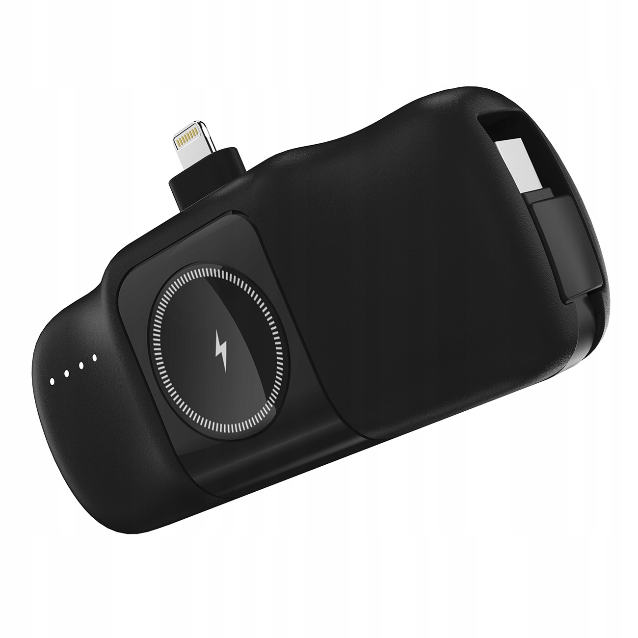 Czarne urządzenie ładujące. Posiada złącze Lightning, port USB-C i wskaźnik ładowania. Widok pod kątem.