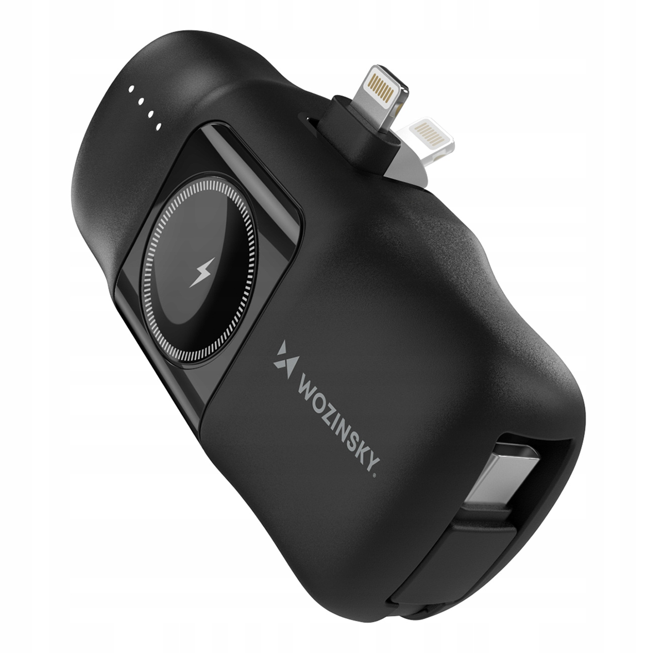 Czarne urządzenie ładujące. Ma złącza Lightning i USB-C, wskaźnik ładowania i markę Wozinsky.