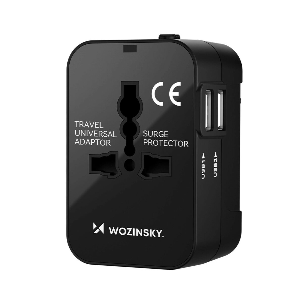 Czarny uniwersalny adapter podróżny.  Etykiety "Wozinsky", "Travel Universal Adaptor" i "Surge Protector".