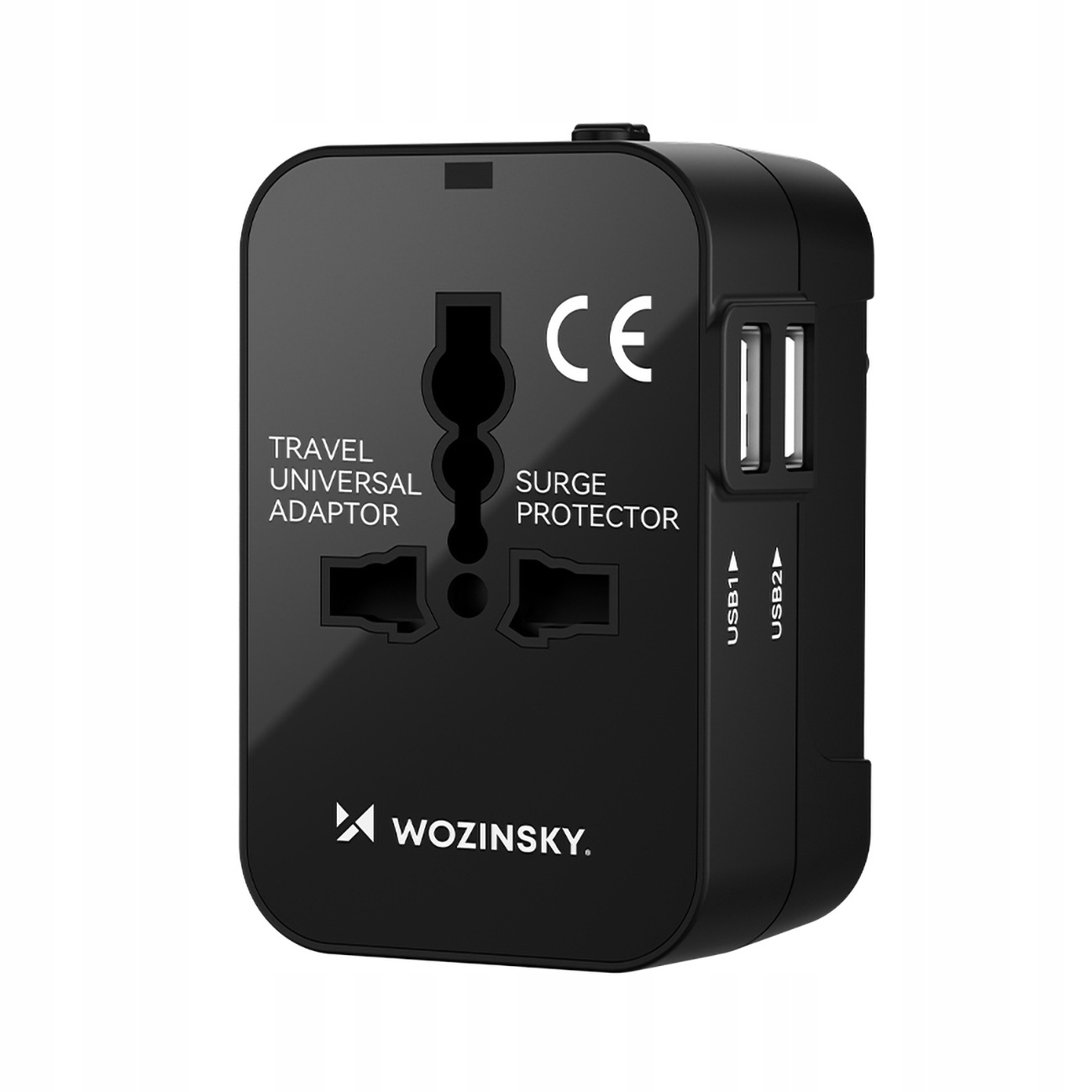 Czarny uniwersalny adapter podróżny.  Etykiety "Wozinsky", "Travel Universal Adaptor" i "Surge Protector".