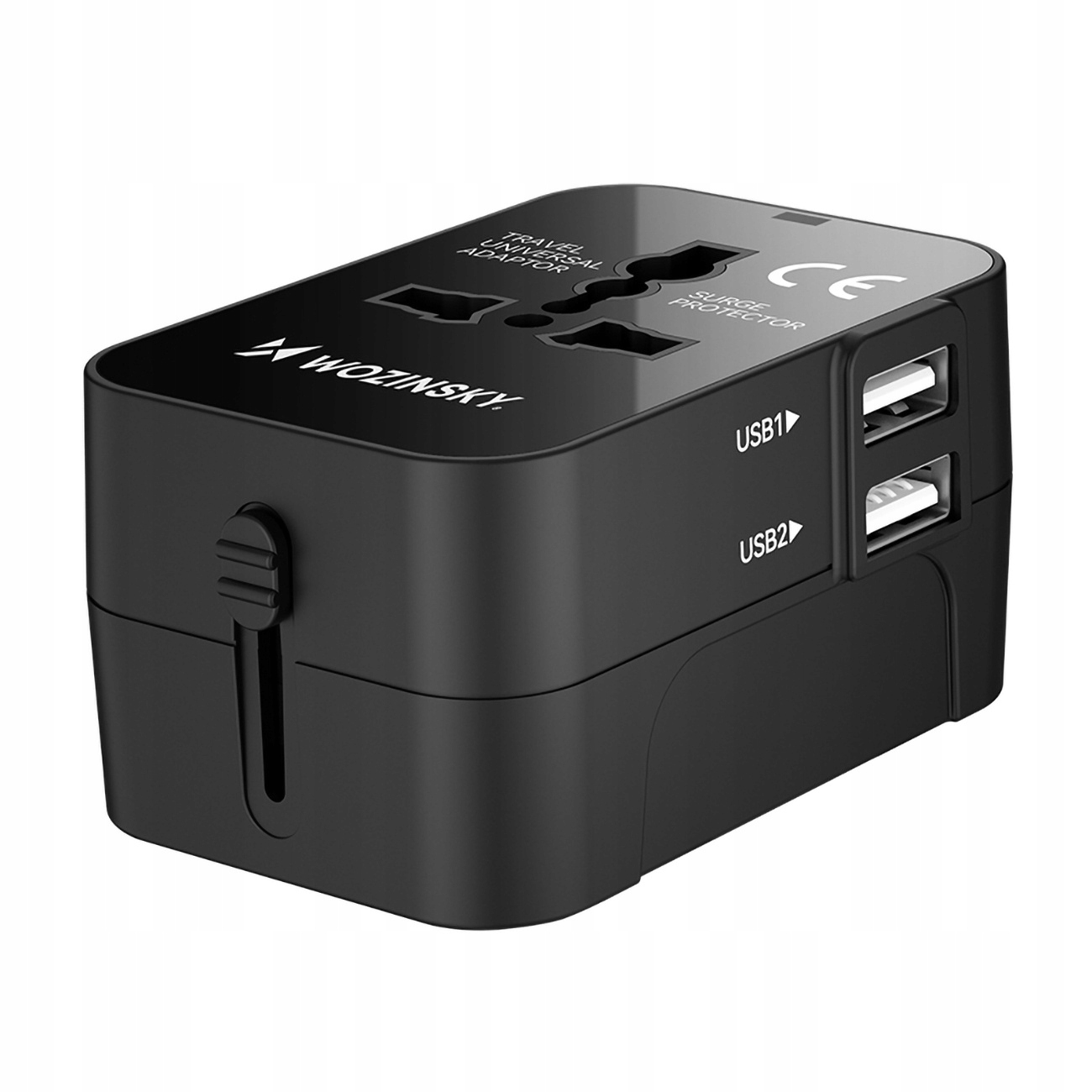 Czarny uniwersalny adapter podróżny z portami USB.  Etykiety "Wozinsky", "Travel Universal Adaptor" i "Surge Protector".