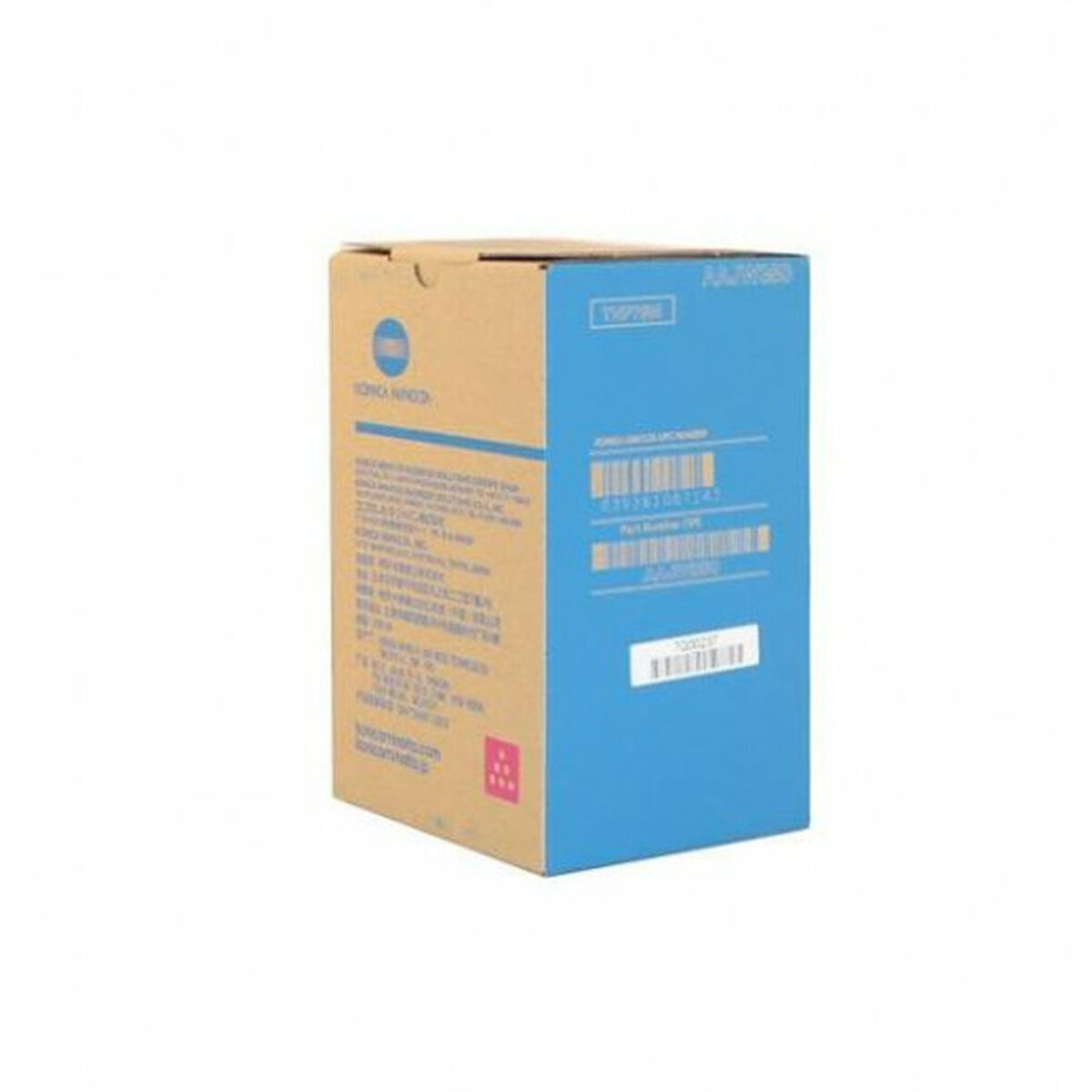 Een Konica Minolta tonercartridge doos. De doos is bruin en blauw, met tekst en labels.