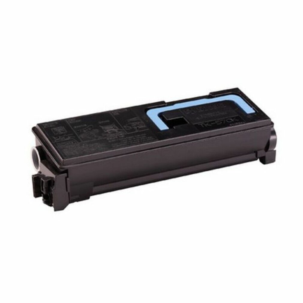 Una cartuccia toner nera con manico blu. La cartuccia ha etichette e dettagli tecnici.