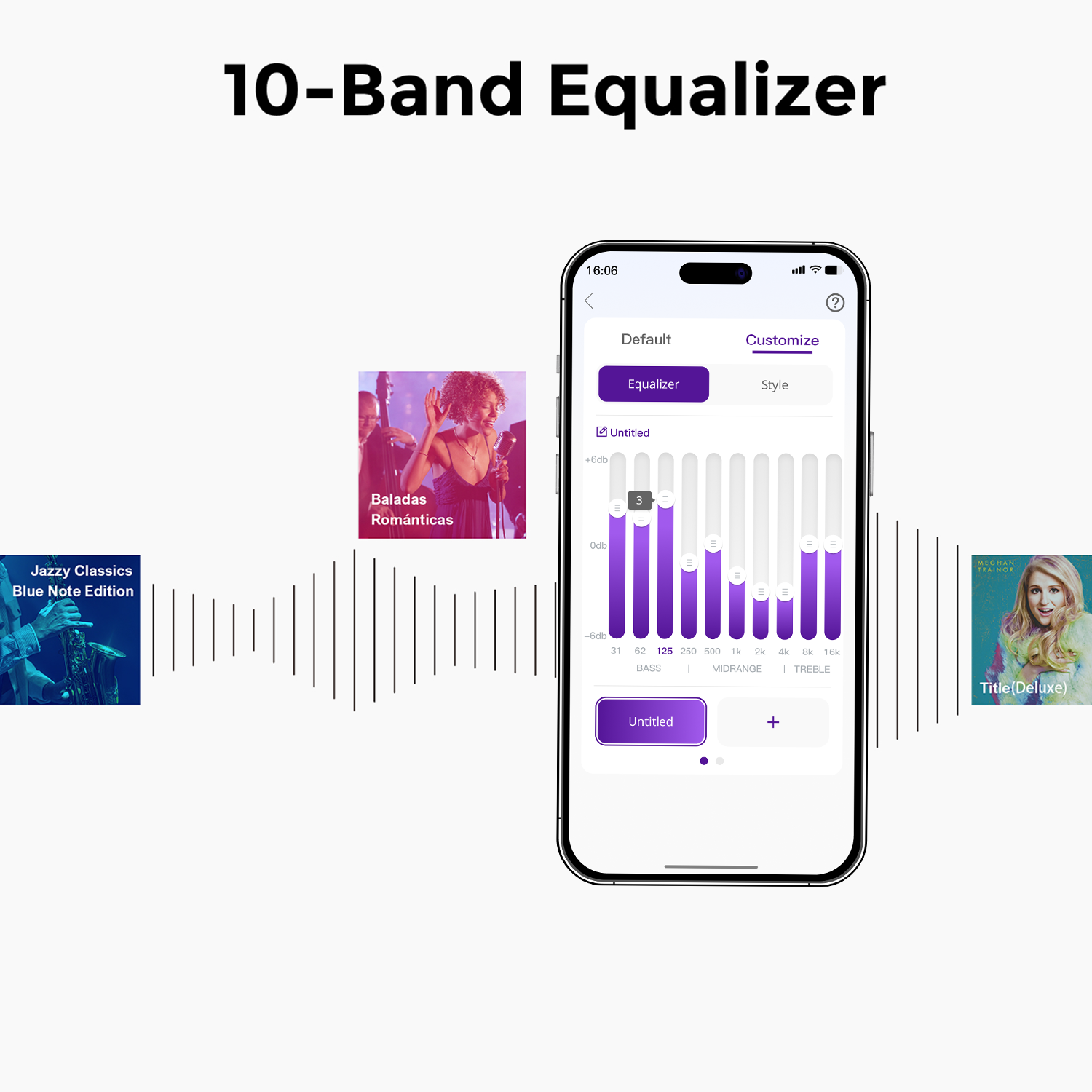 Ein Smartphone-Bildschirm, der eine 10-Band-Equalizer-App zeigt. Musik-Albumcover sind sichtbar.