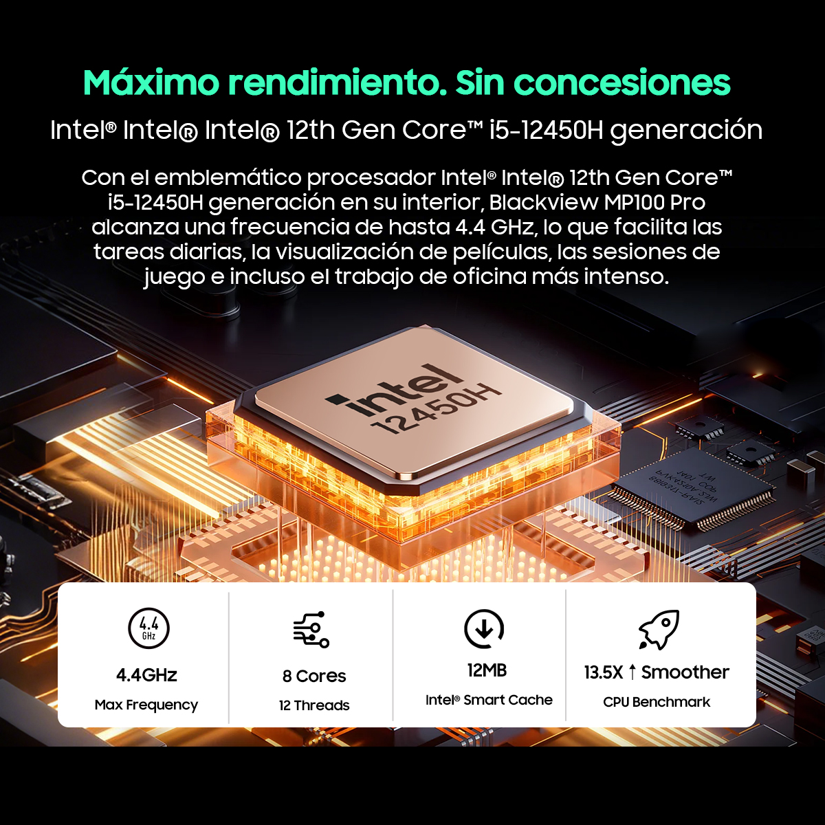 Un chip de computadora con la etiqueta Intel 12450H y texto y gráficos de apoyo.