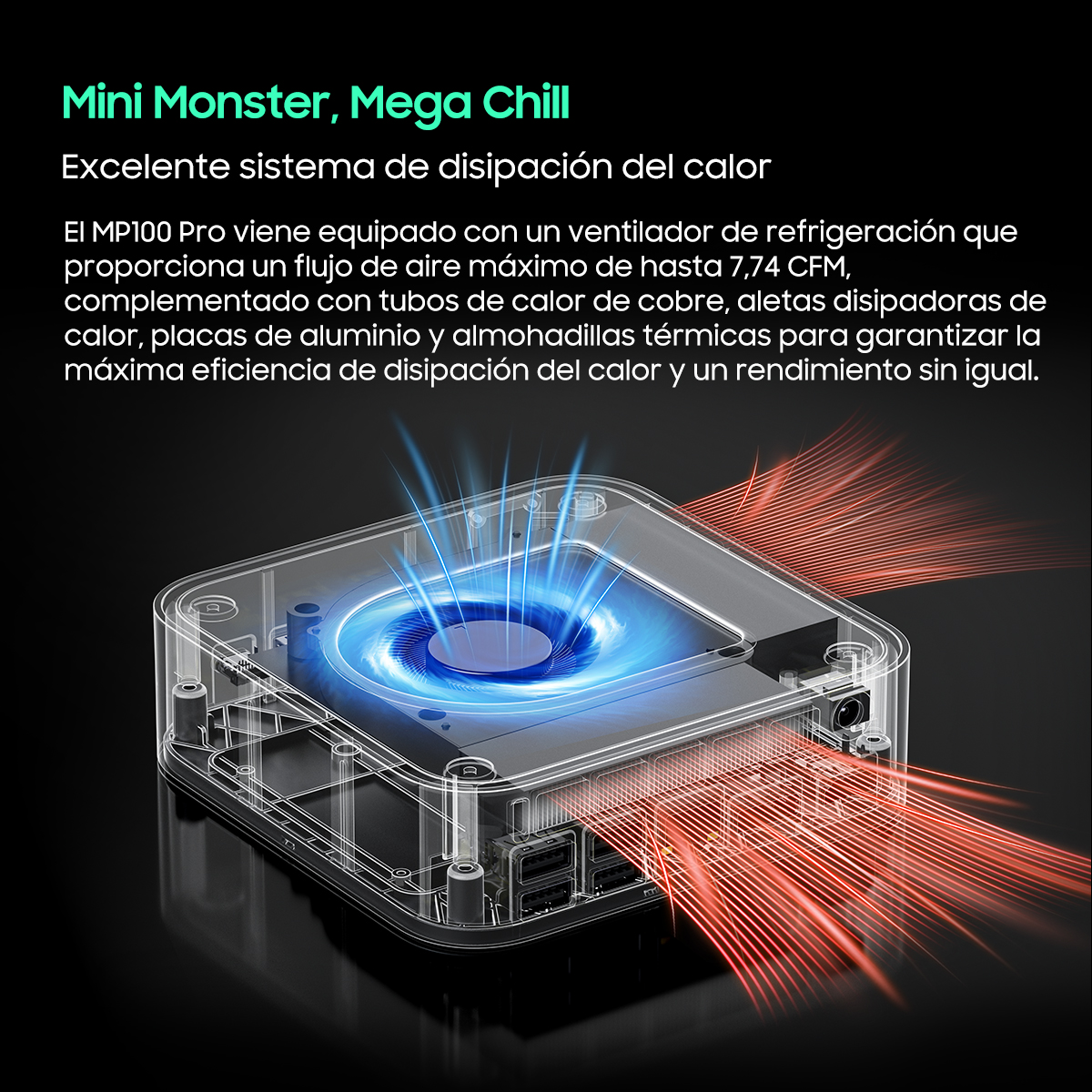 Una mini computadora transparente que muestra el sistema de enfriamiento con un ventilador azul y flujo de aire rojo.