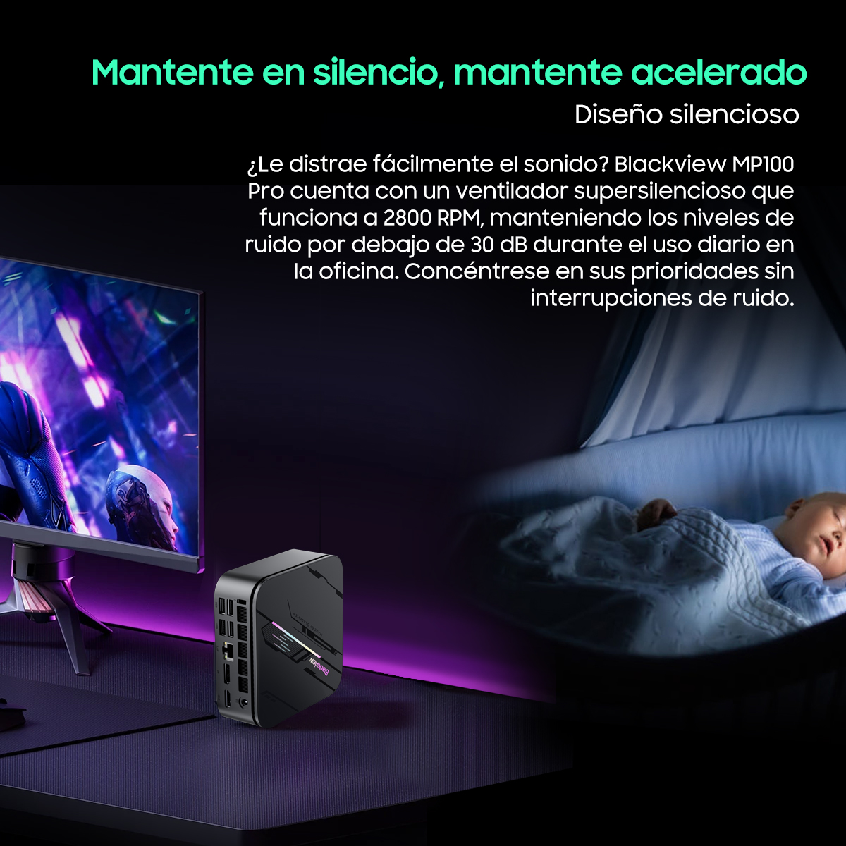 Un bebé durmiendo junto a una pantalla de ordenador y un mini PC Blackview MP100 Pro.