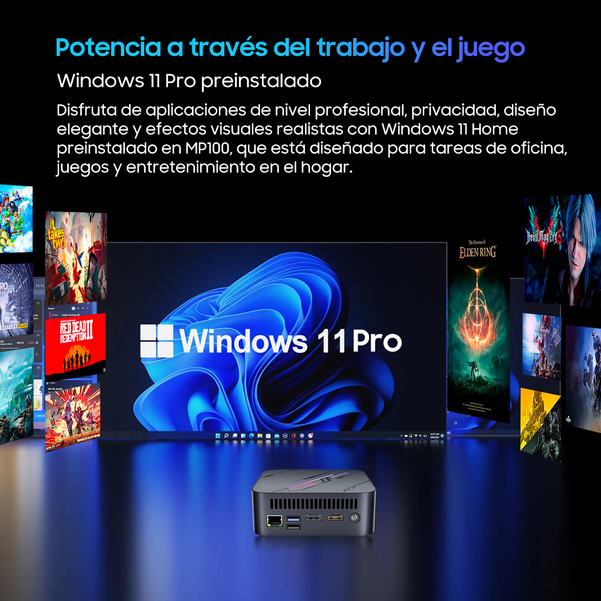 Un mini PC con una pantalla de Windows 11 Pro y varios iconos de juegos.