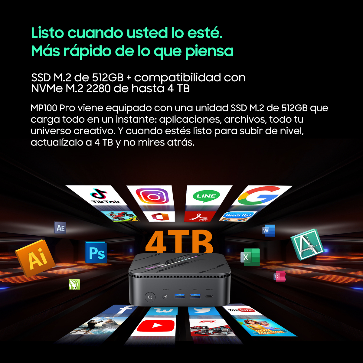 Un mini PC con iconos de aplicaciones en la parte inferior y un texto de 4TB encima.