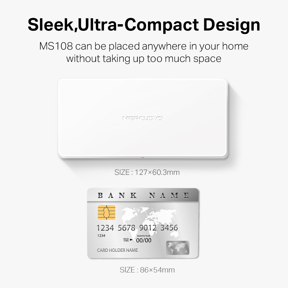 Un dispositivo Mercusys blanco y una tarjeta de crédito que muestran el tamaño. El texto dice 'Diseño elegante y ultracompacto'.