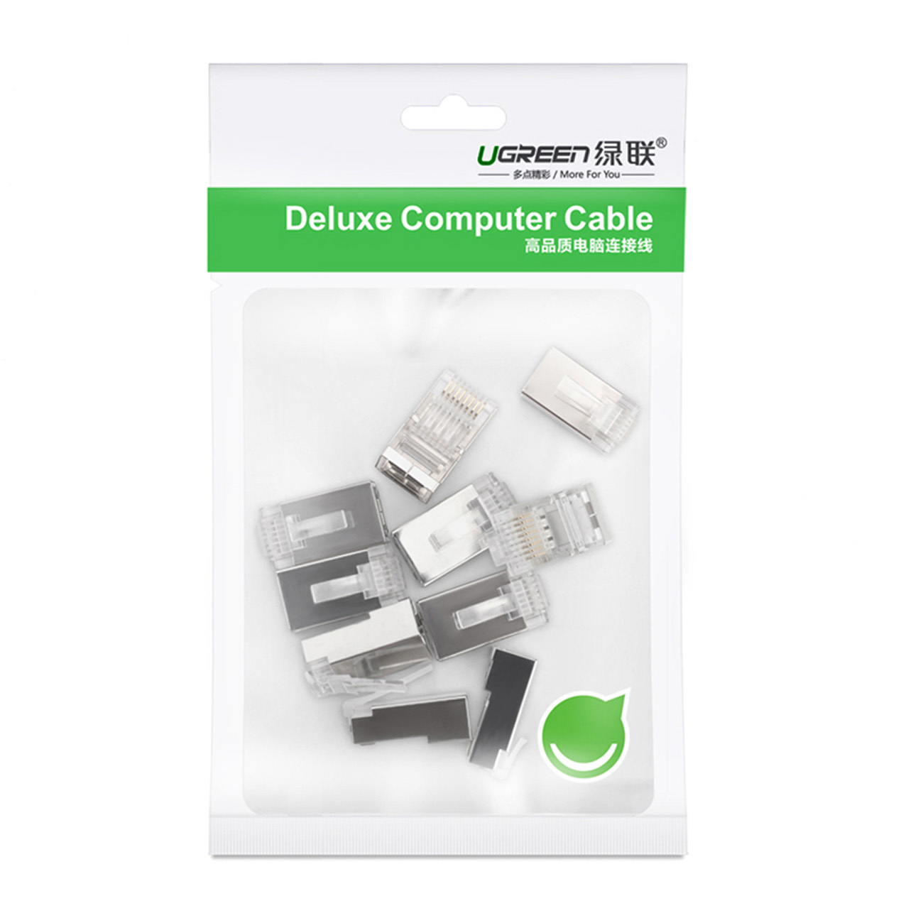 Przezroczyste plastikowe opakowanie z zieloną etykietą z napisem „UGREEN Deluxe Computer Cable”. W środku znajduje się kilka kabli.