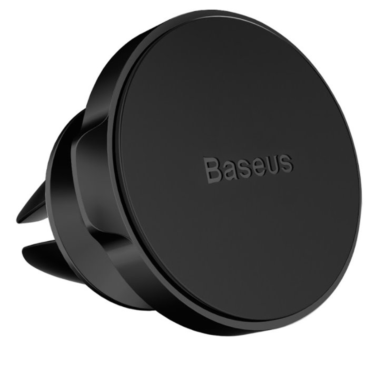 Czarny uchwyt samochodowy na telefon z klipsem wentylacyjnym. Marka 'Baseus' jest widoczna na uchwycie.