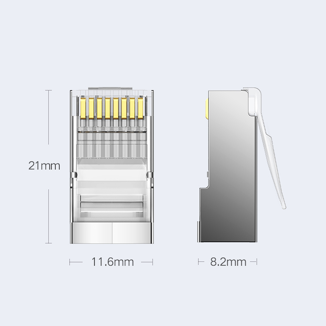 Zbliżenie złącza RJ45. Wymiary: 21mm x 11,6mm x 8,2mm.
