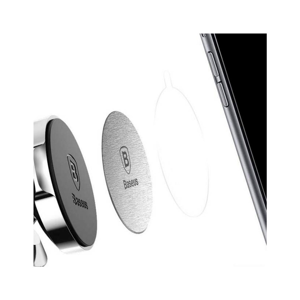 Magnetyczny uchwyt na telefon z logo Baseus. Ma okrągły kształt, metal i czarny kolor.