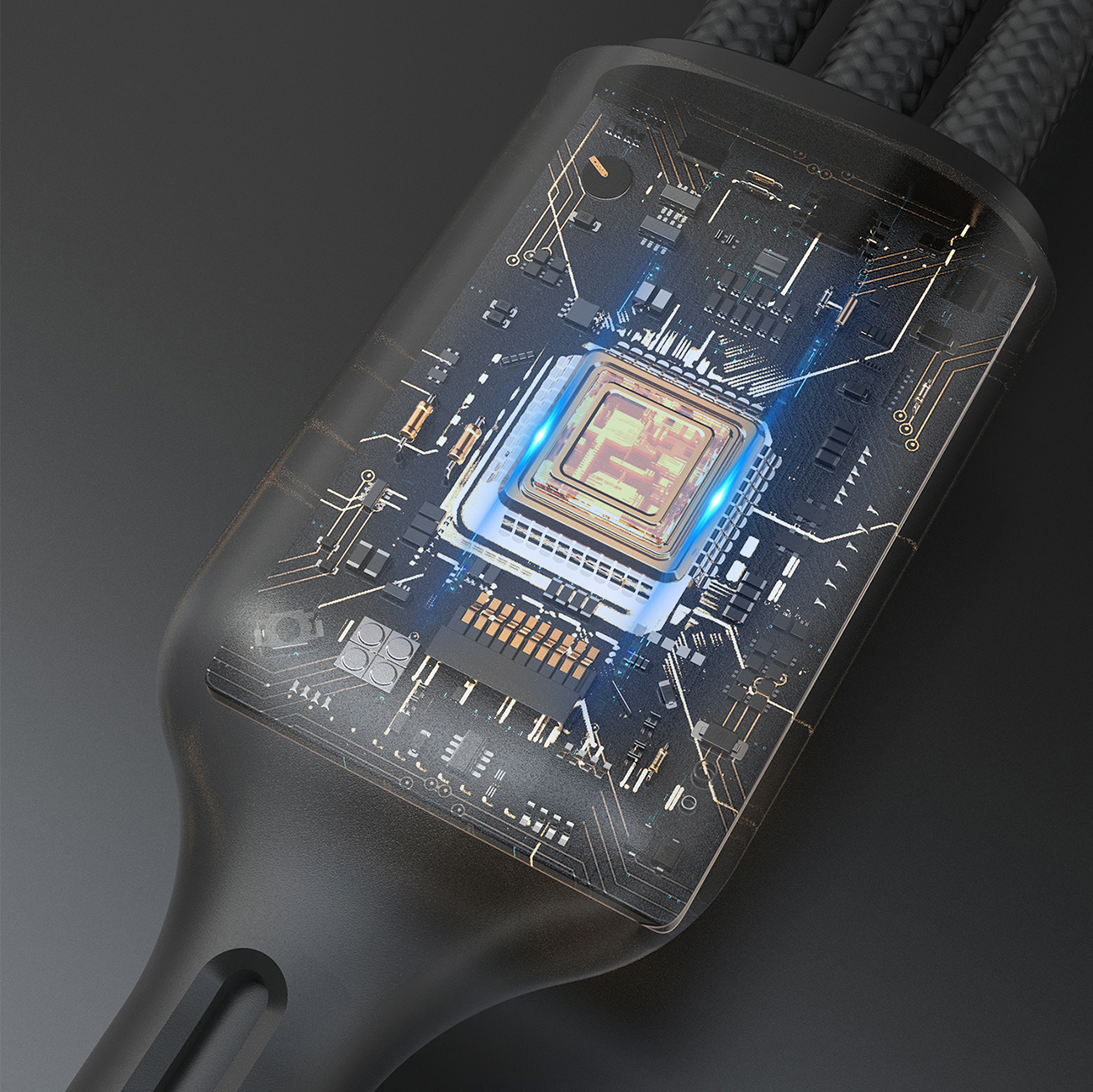 Zbliżenie kabla ładującego USB-C z przezroczystym fragmentem pokazującym wewnętrzne obwody, z wtyczką.