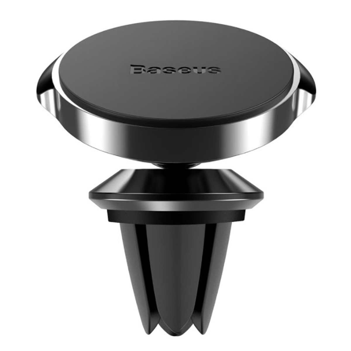 Uchwyt samochodowy Baseus w kolorze czarnym i srebrnym. Zaprojektowany do mocowania do kratki wentylacyjnej.