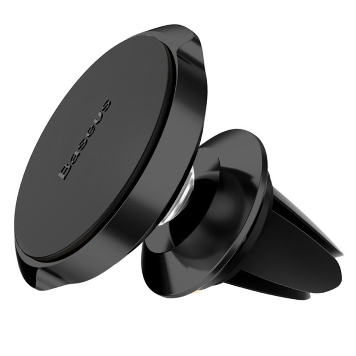 Czarny uchwyt samochodowy Baseus do wentylacji. Ma okrągły kształt z magnetycznym mocowaniem telefonu.
