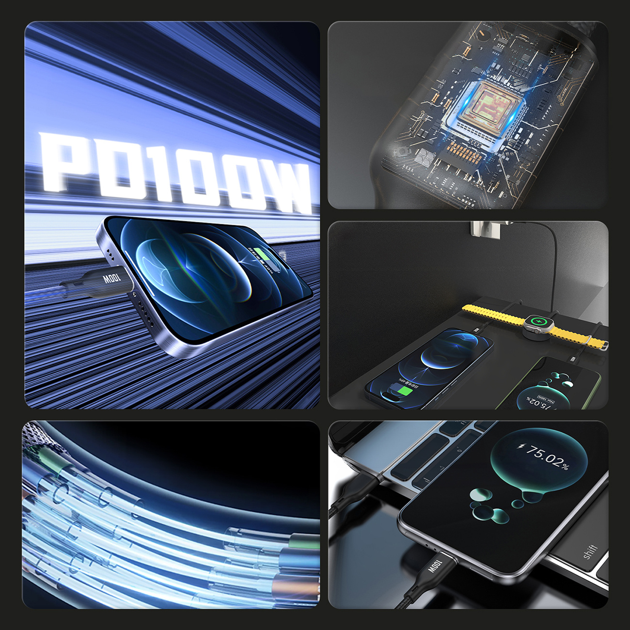 Kolaż zdjęć demonstrujących ładowanie telefonu, z naciskiem na szybkość i moc. Marka to PD100W.