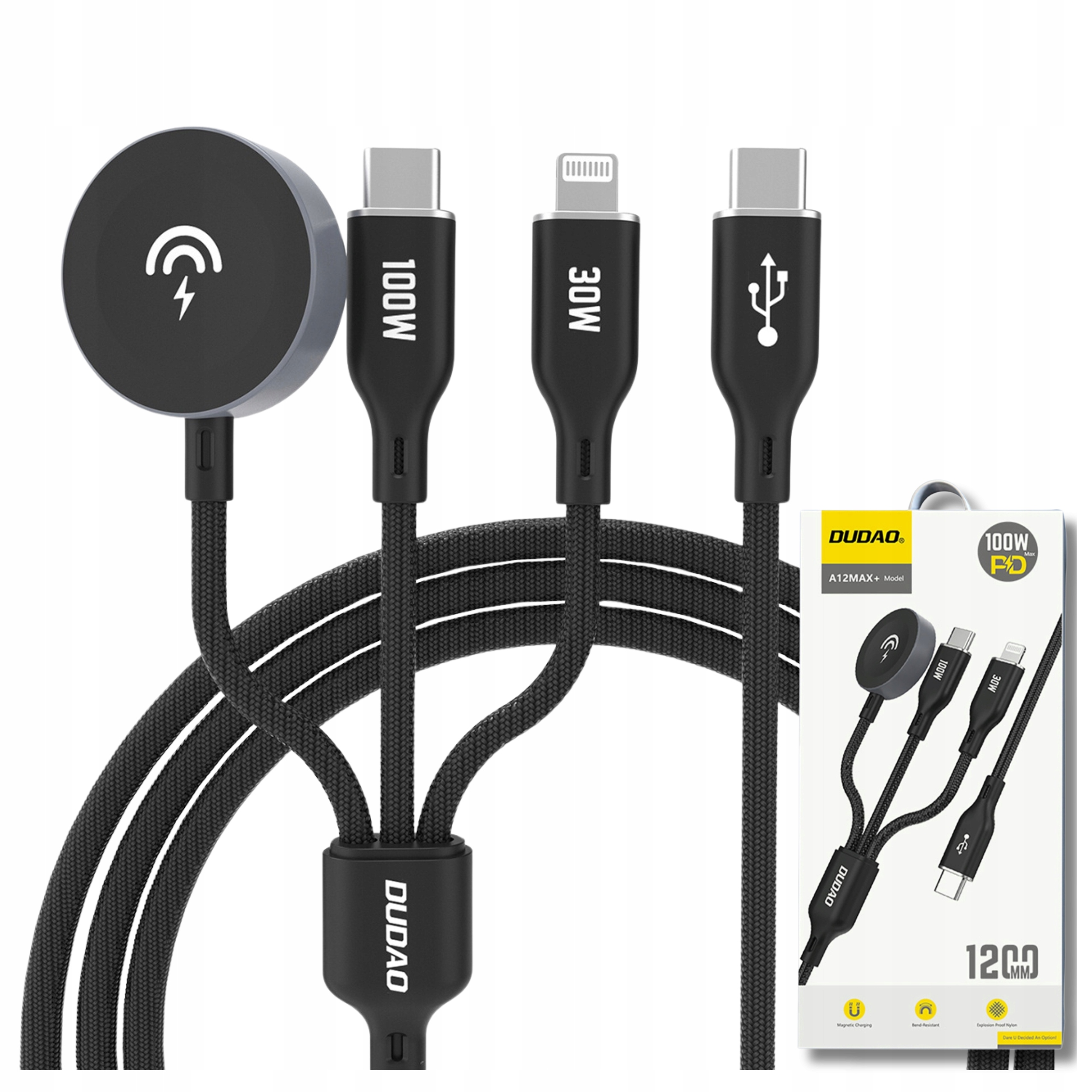 Ładowarka wielokablowa z kilkoma złączami, w tym USB-C, Lightning i USB. Pudełko z projektem ładowarki.