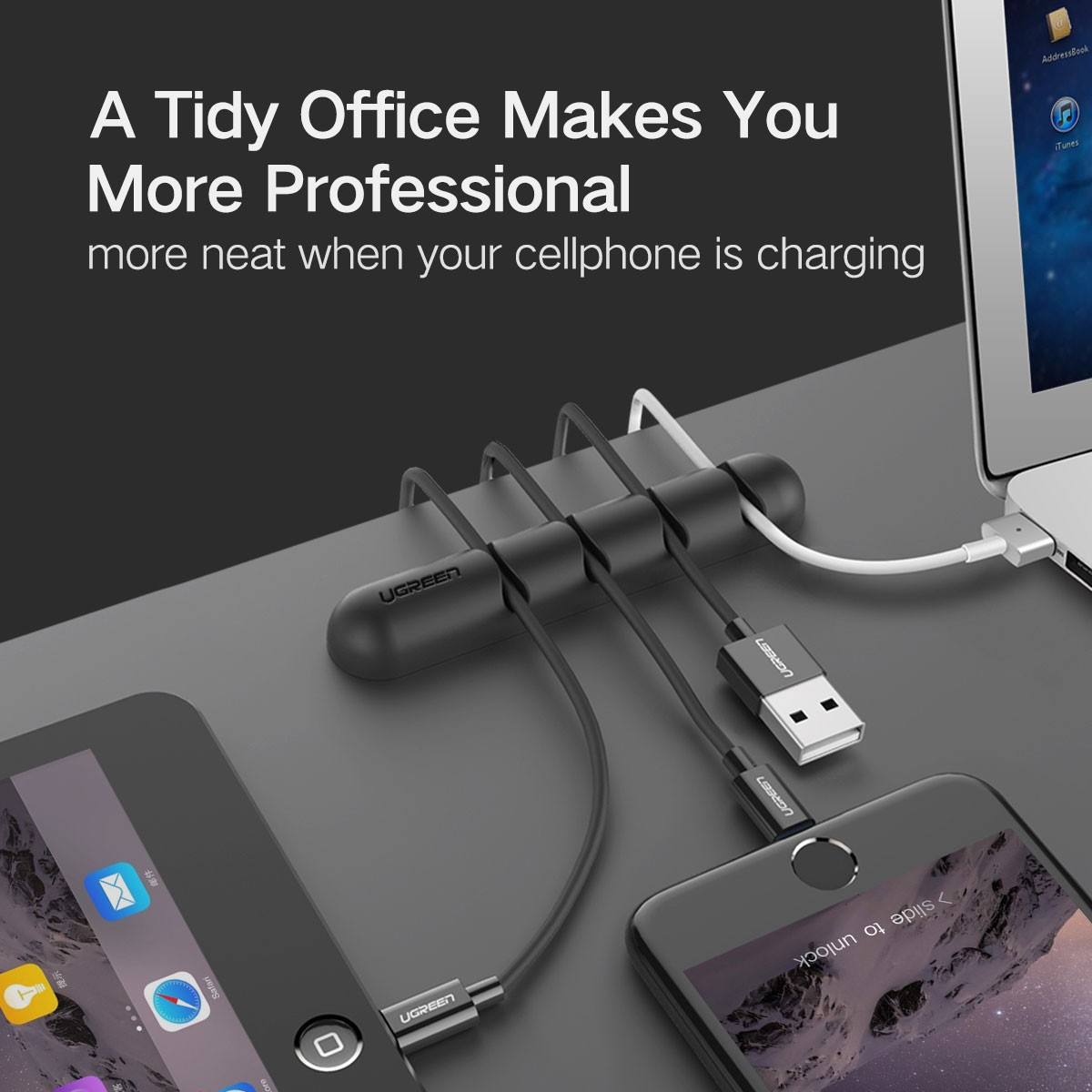 Czarna stacja ładująca z kablami podłączonymi do urządzeń elektronicznych. Widoczny laptop.