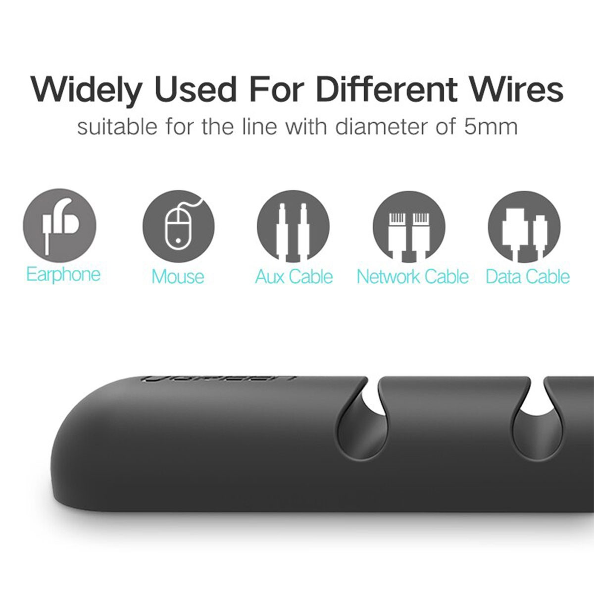 Zbliżenie czarnego organizera kabli z ikonami różnych typów kabli, które obsługuje.