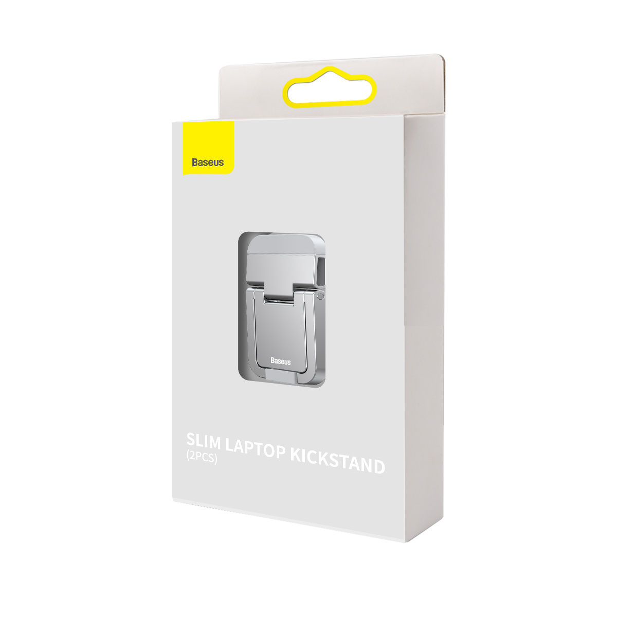Białe pudełko z podstawką do laptopa Baseus Slim w środku. Pudełko ma żółty uchwyt.