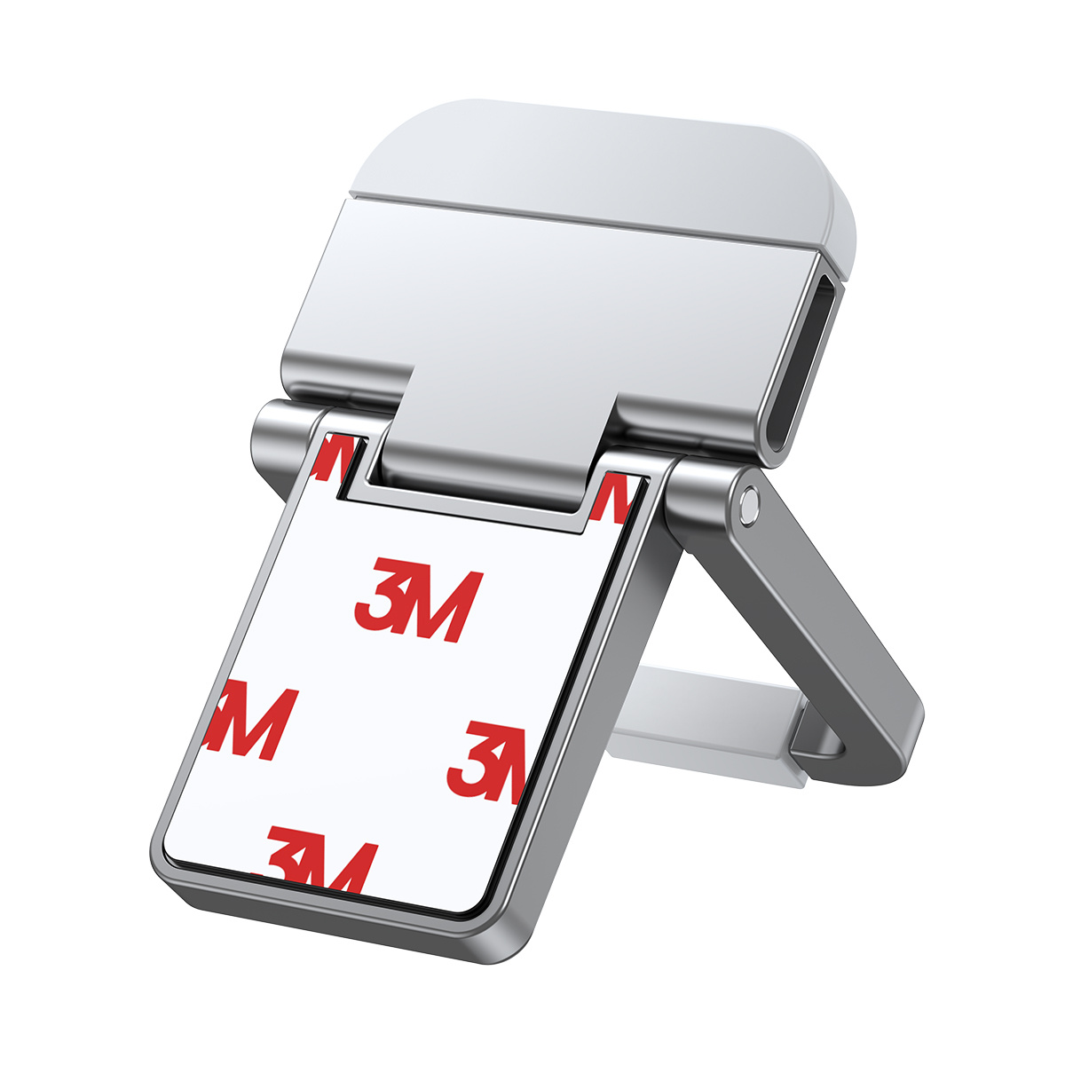 Srebrny stojak na laptopa z podkładką samoprzylepną 3M, pod kątem.