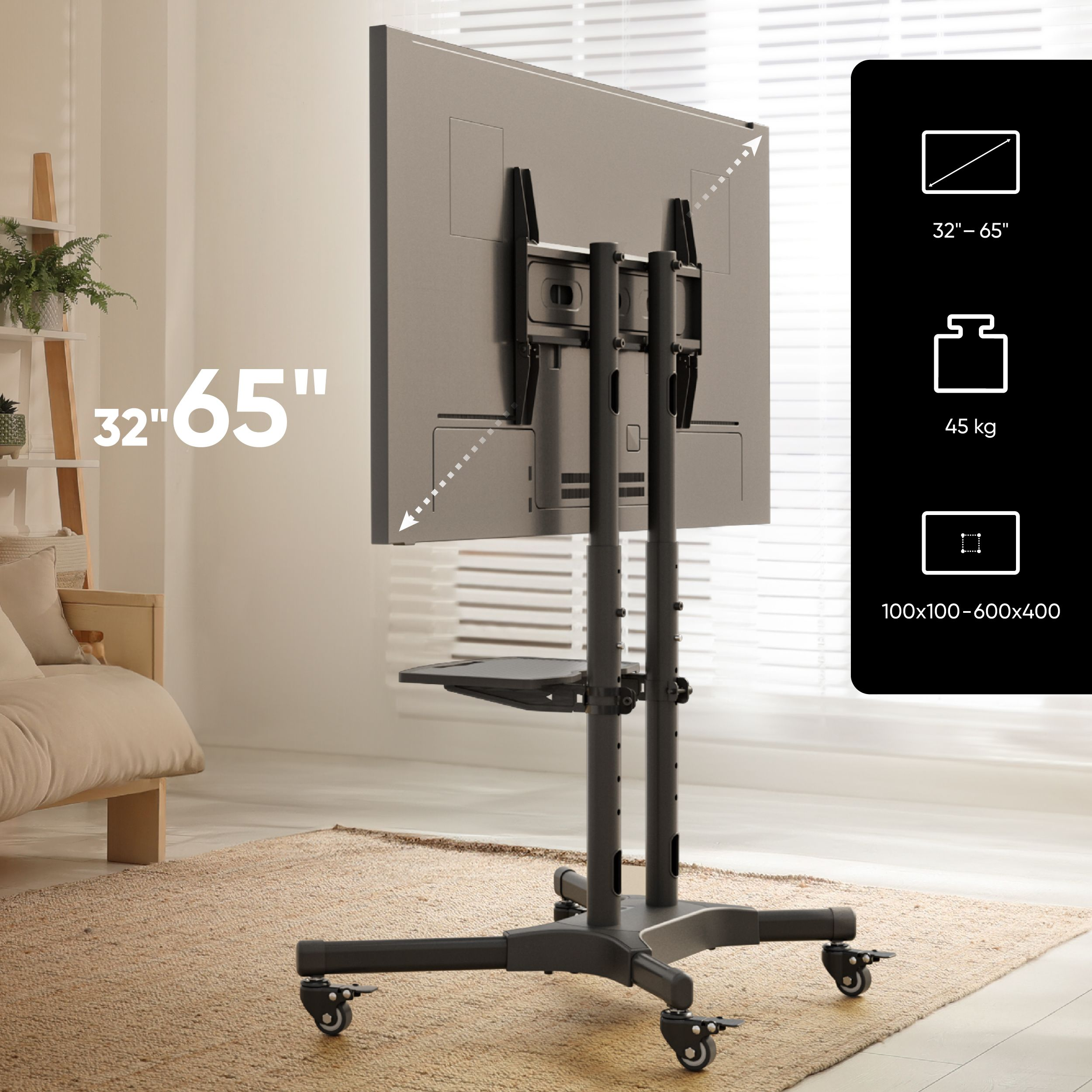 Stojak TV z zamontowanym telewizorem, wymiary i waga. Otoczenie pokoju.