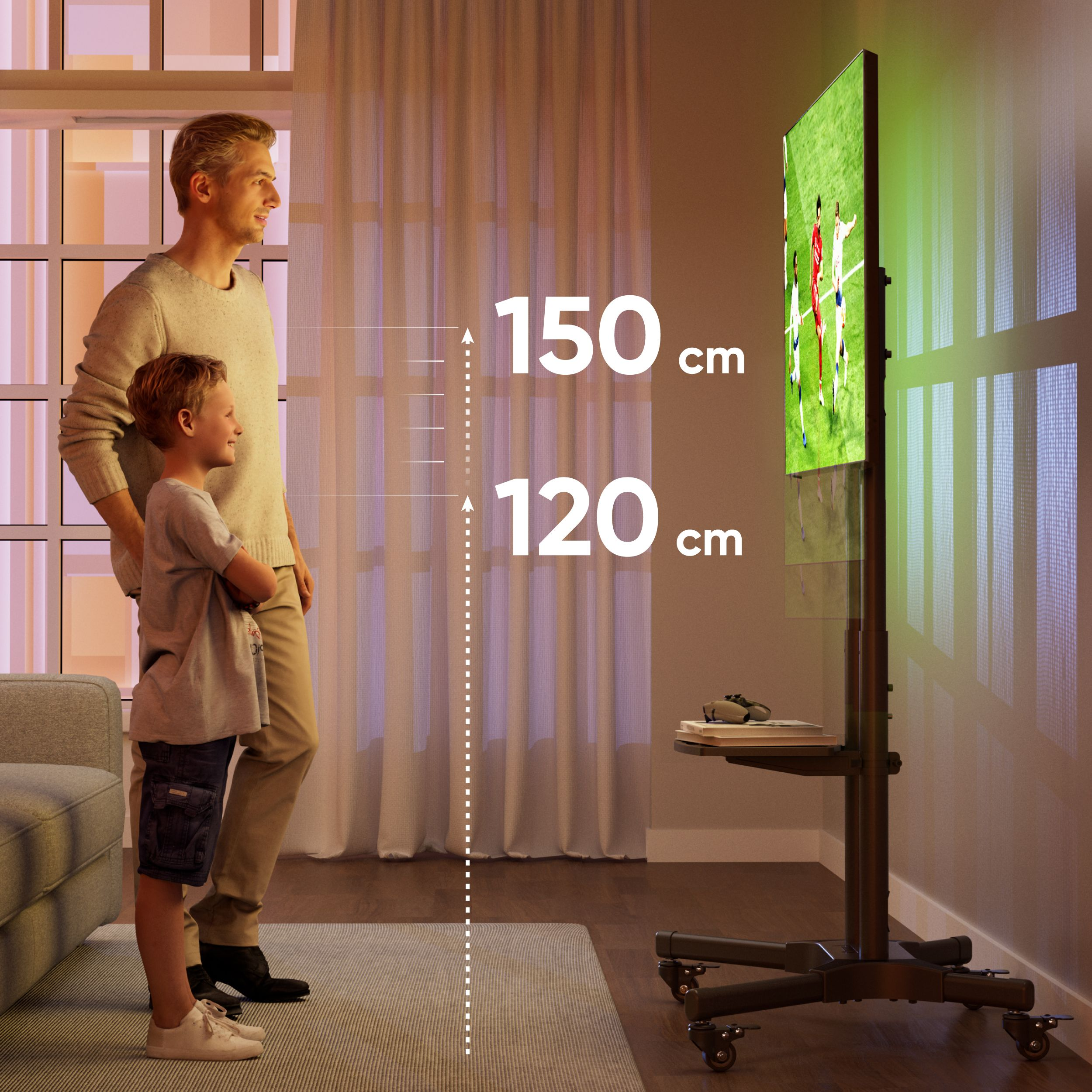 Mężczyzna i chłopiec patrzą na telewizor na stojaku. Wymiary telewizora.