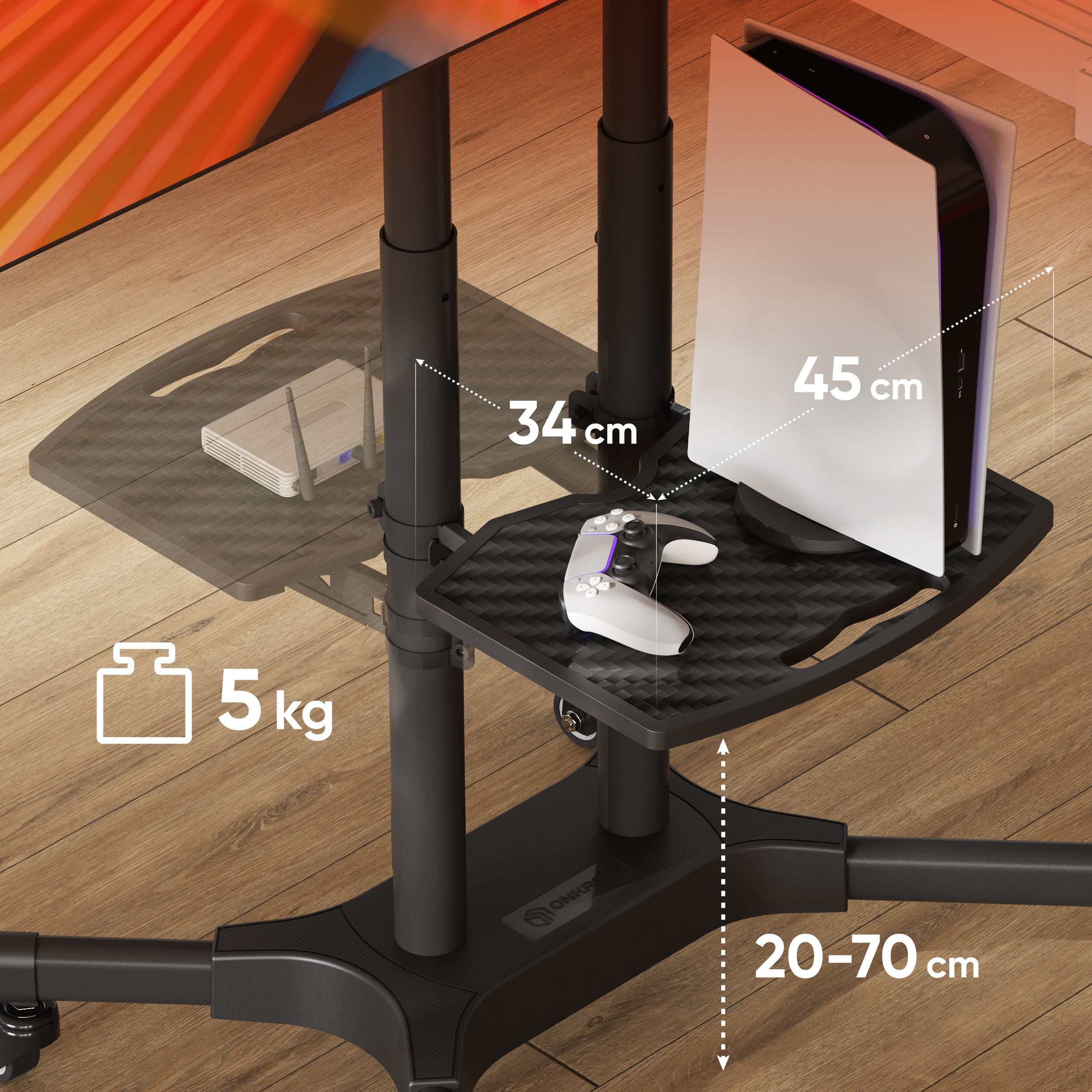 Stojak TV z konsolą do gier i kontrolerem na półce, z wymiarami.