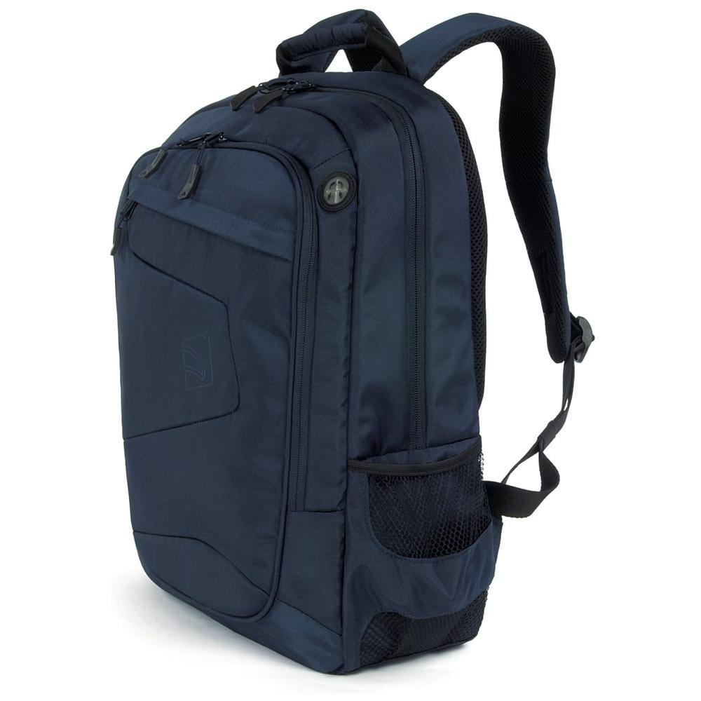Zaino blu scuro con più tasche e cerniere. Logo del marchio visibile.