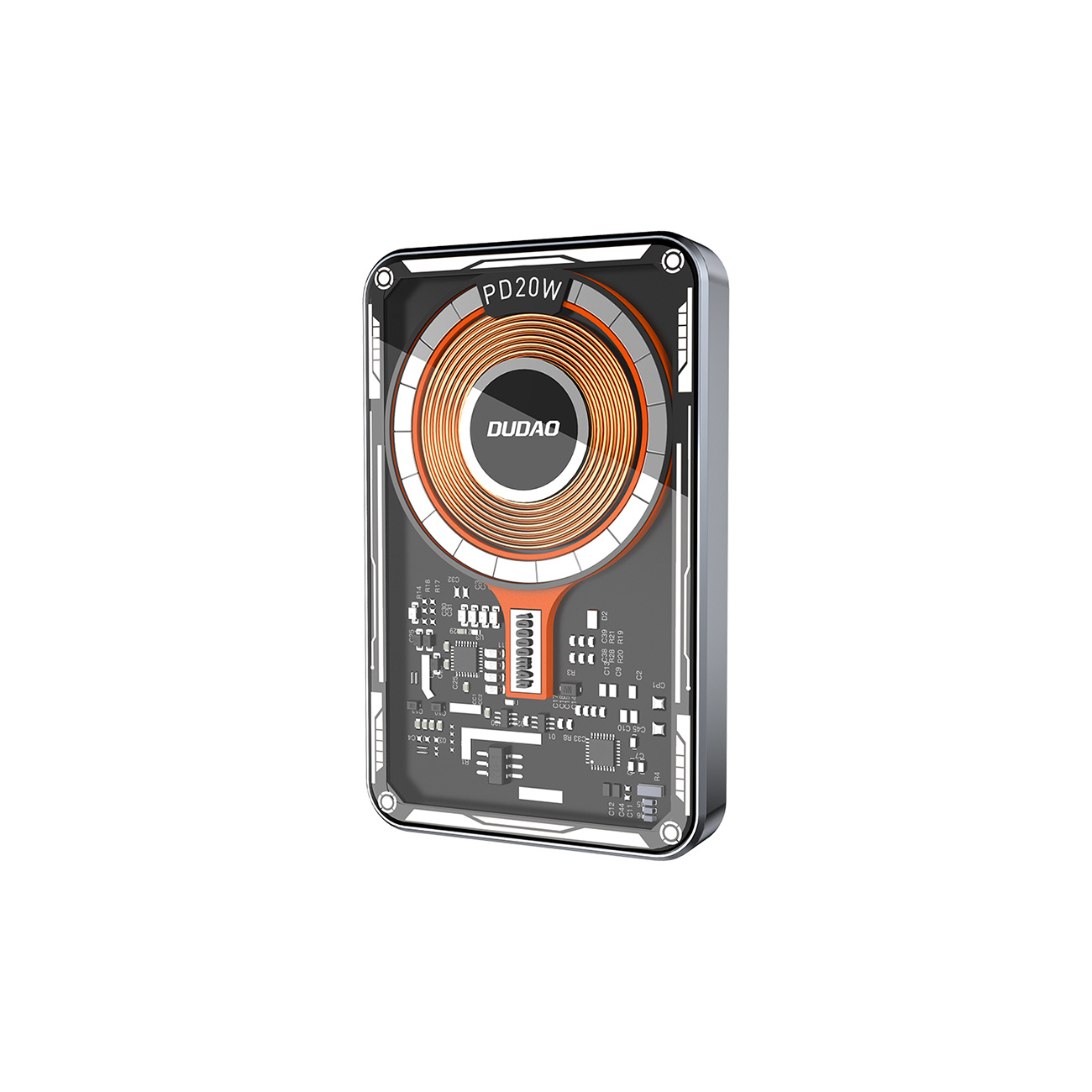 Power bank z przezroczystą obudową pokazującą jego wewnętrzne elementy i tekst PD20W.