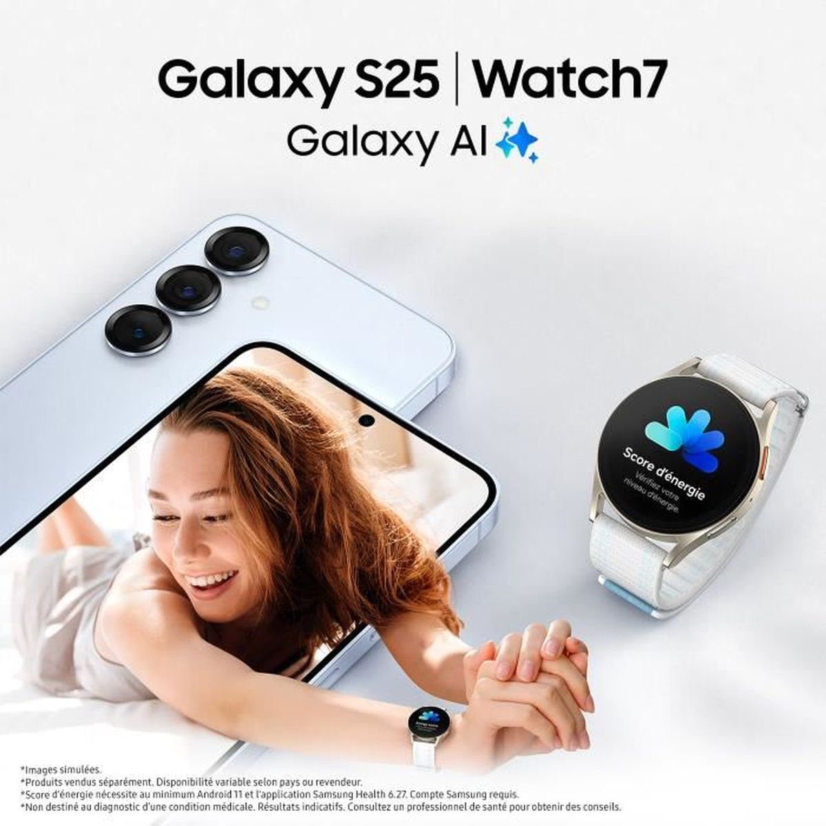 L'immagine presenta un telefono e uno smartwatch con testo sul Galaxy S25 e Watch7, e una donna.