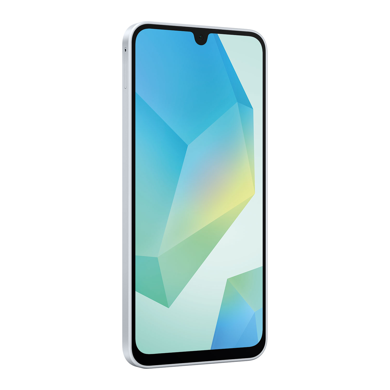 Ein silbernes Smartphone zeigt ein geometrisches blaues und grünes Muster auf dem Bildschirm. Das Telefon ist abgewinkelt.
