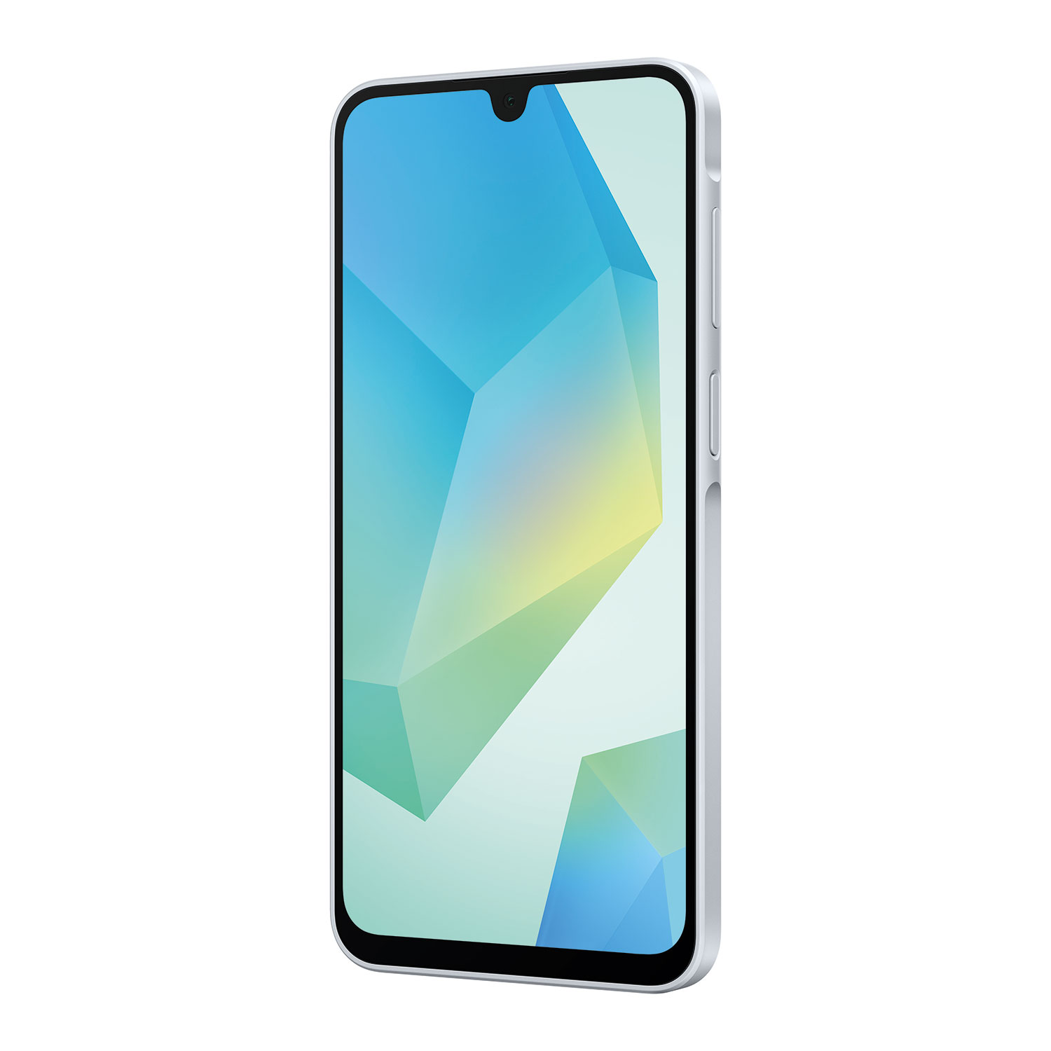 Ein silbernes Smartphone zeigt ein geometrisches Muster in Blau und Grün. Das Telefon ist leicht abgewinkelt.