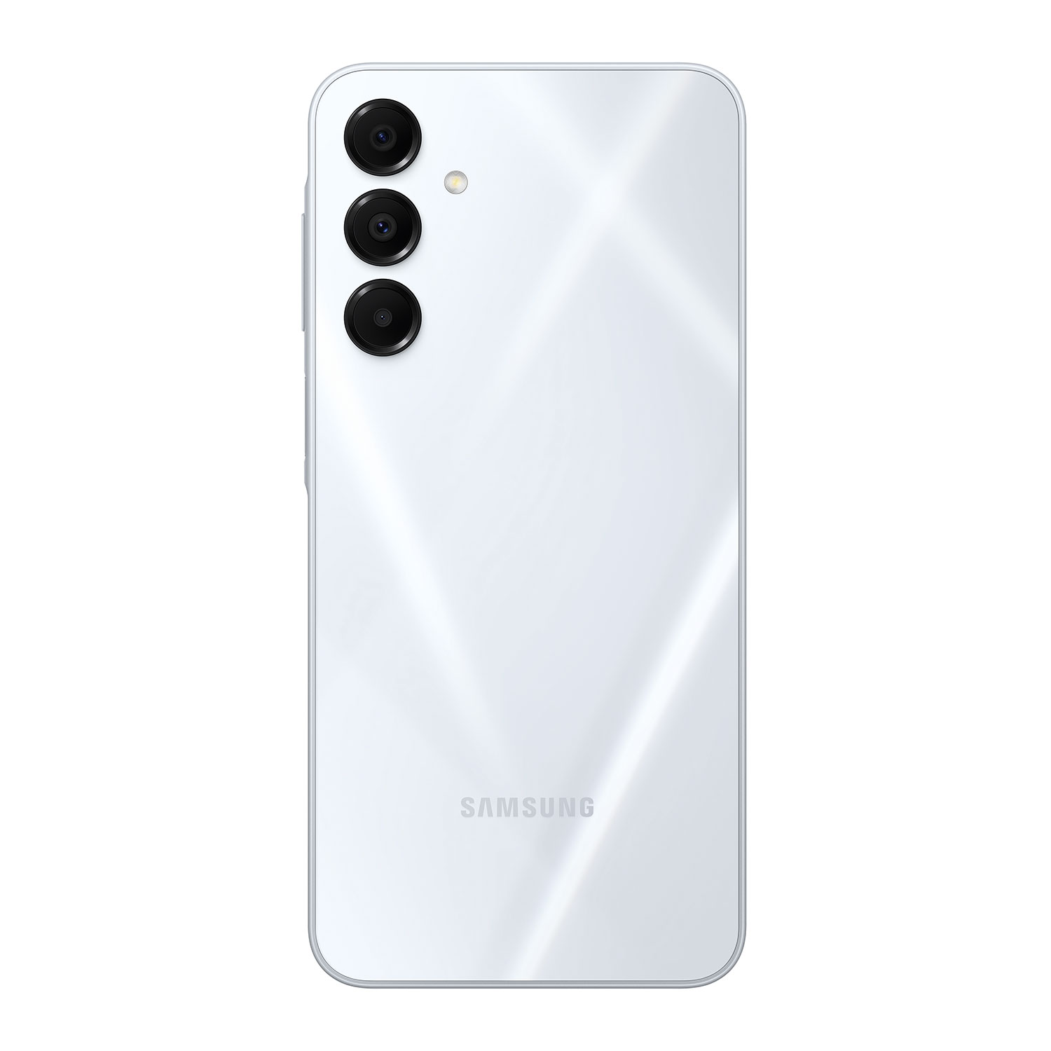 Rückseite eines weißen Smartphones mit Dreifachkamera und SAMSUNG-Logo unten.