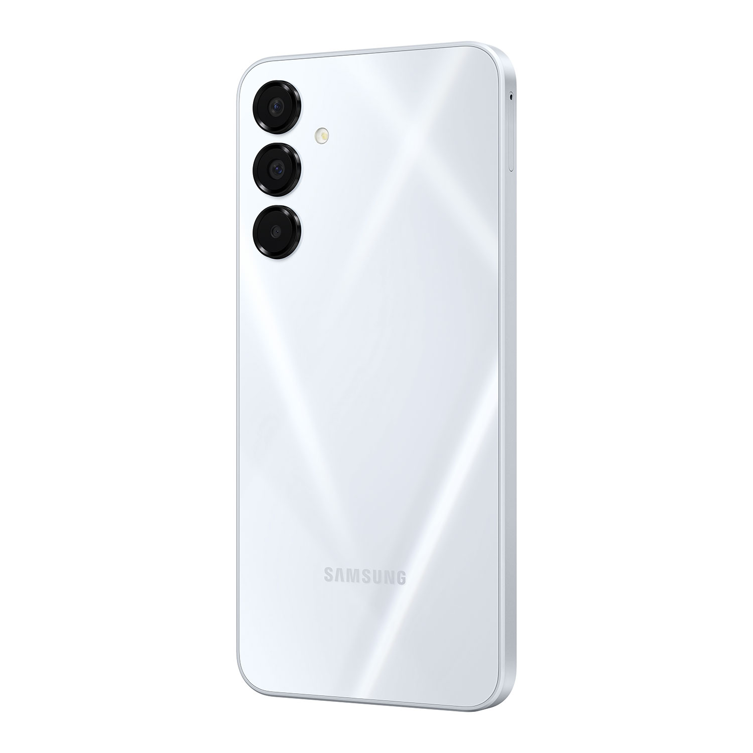 Rückseite eines weißen Smartphones mit 3 Kameras. Das Samsung-Logo befindet sich unten. Silberner Rahmen.