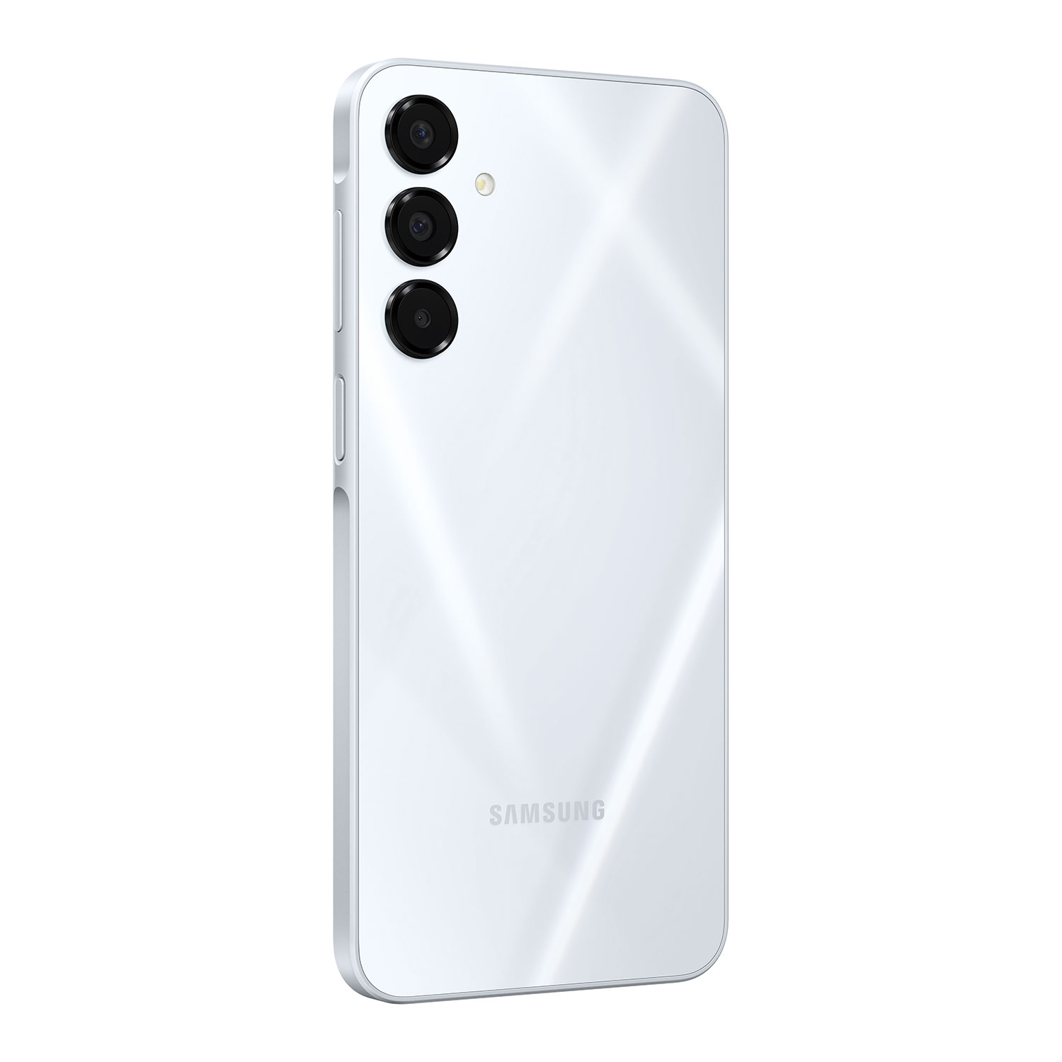 Rückseite eines weißen Smartphones mit Dreifachkamera, SAMSUNG-Logo unten.