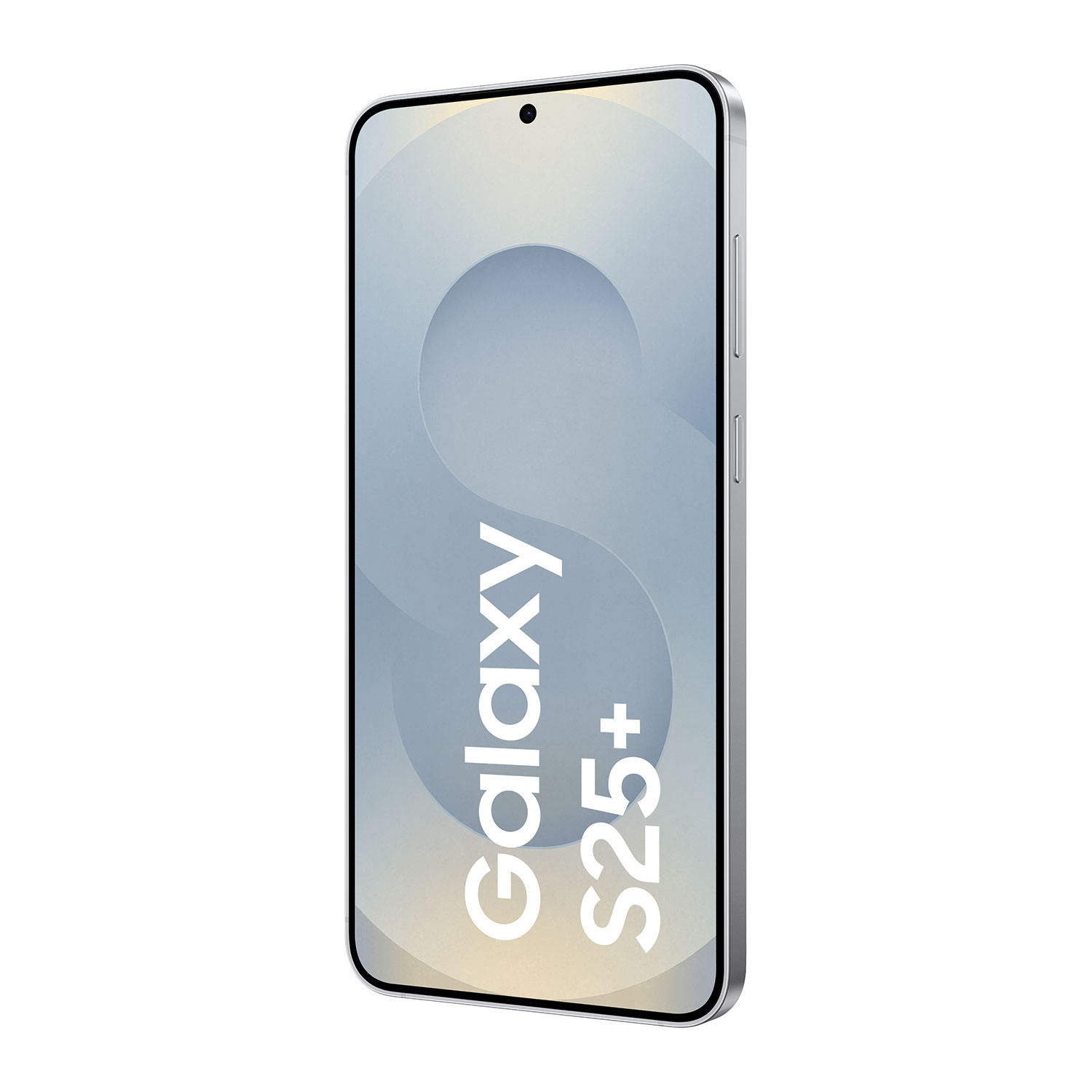 Ein silbernes Smartphone mit dem Galaxy S25+-Logo auf dem Bildschirm. Der Bildschirm zeigt einen grauen Hintergrund.