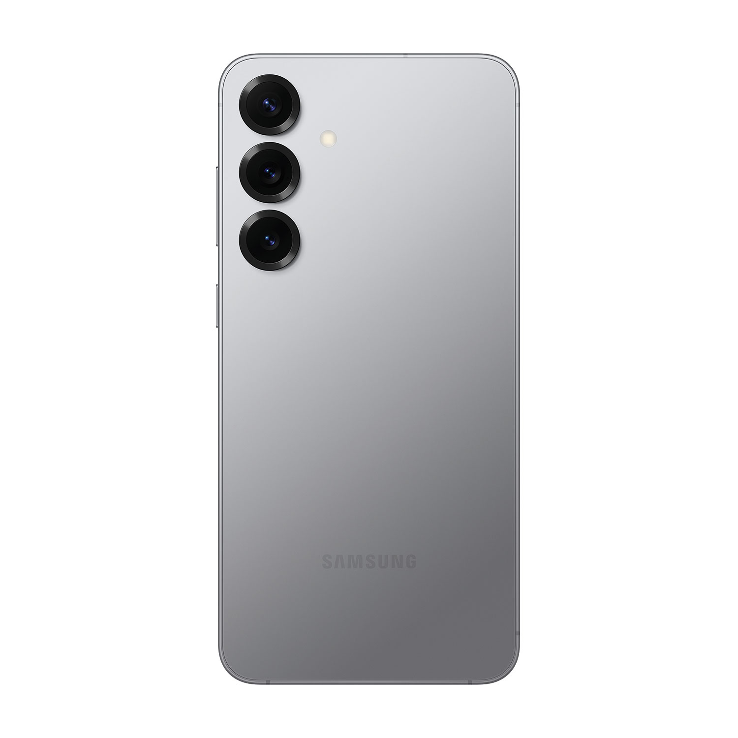 Rückansicht eines grauen Smartphones mit Dreifachkamera und SAMSUNG-Logo unten.