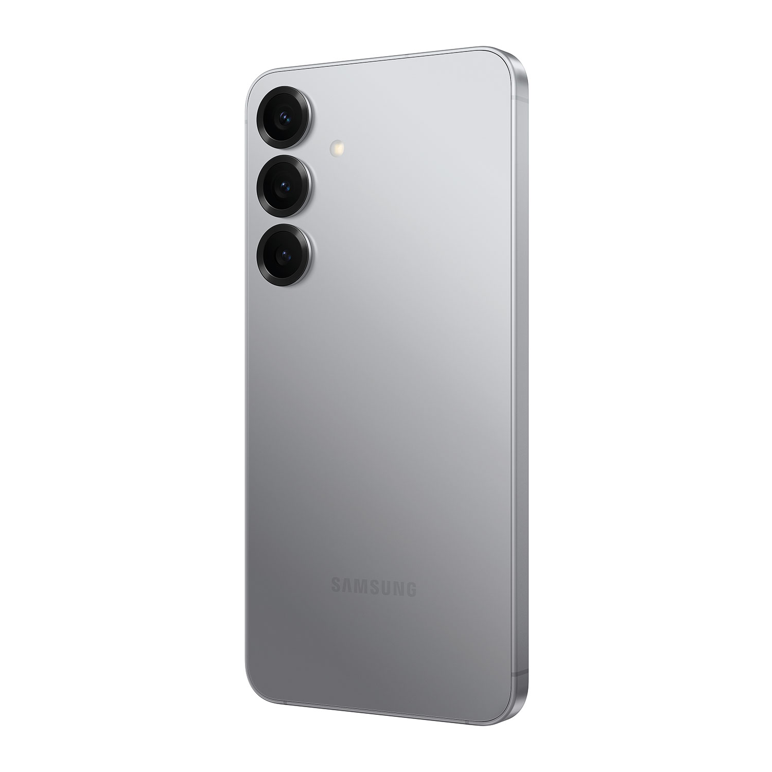 Rückseite eines grauen Smartphones mit 3 Kameras. Das Samsung-Logo befindet sich unten. Silberner Rahmen.