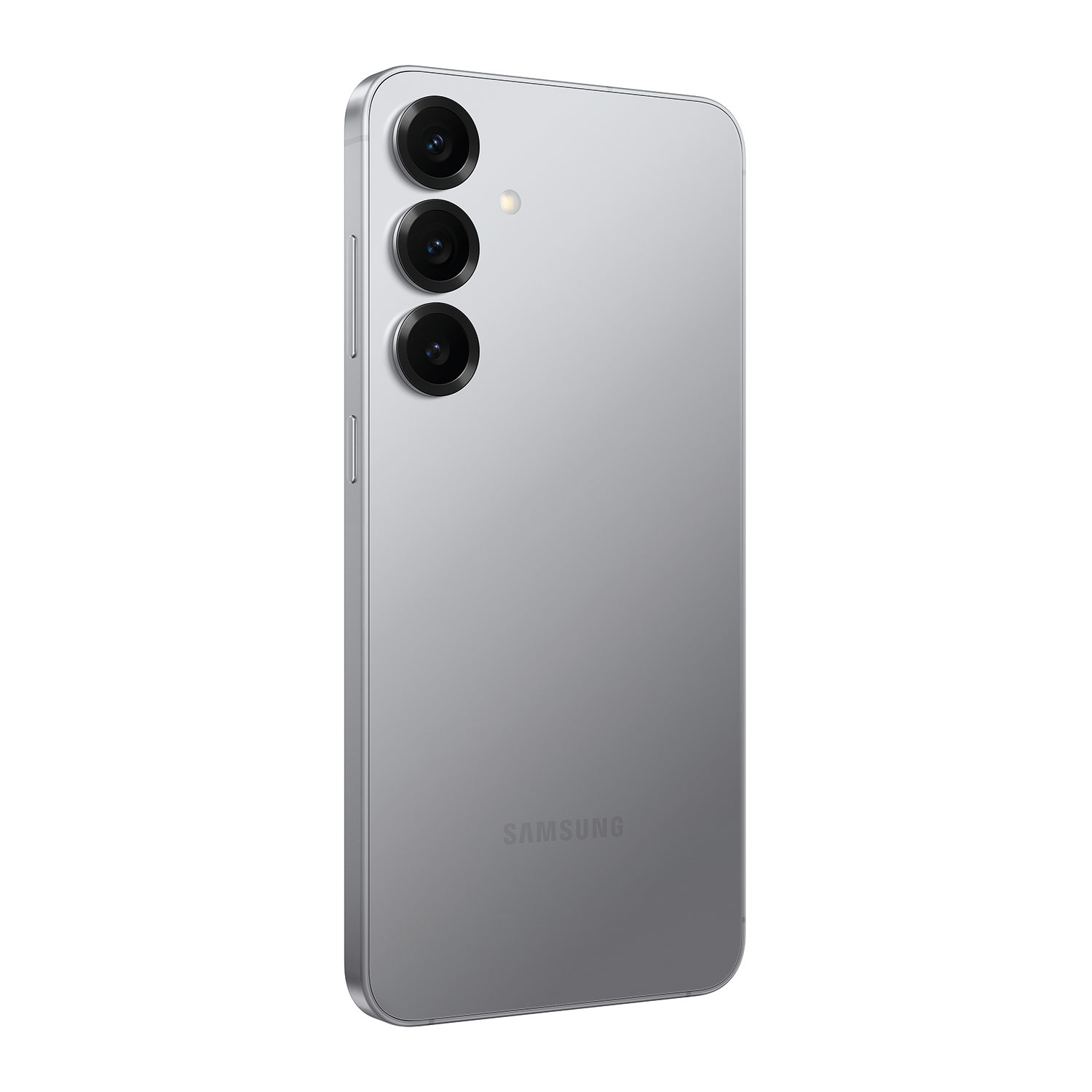 Rückansicht eines grauen Smartphones mit Dreifachkamera, SAMSUNG-Logo unten.