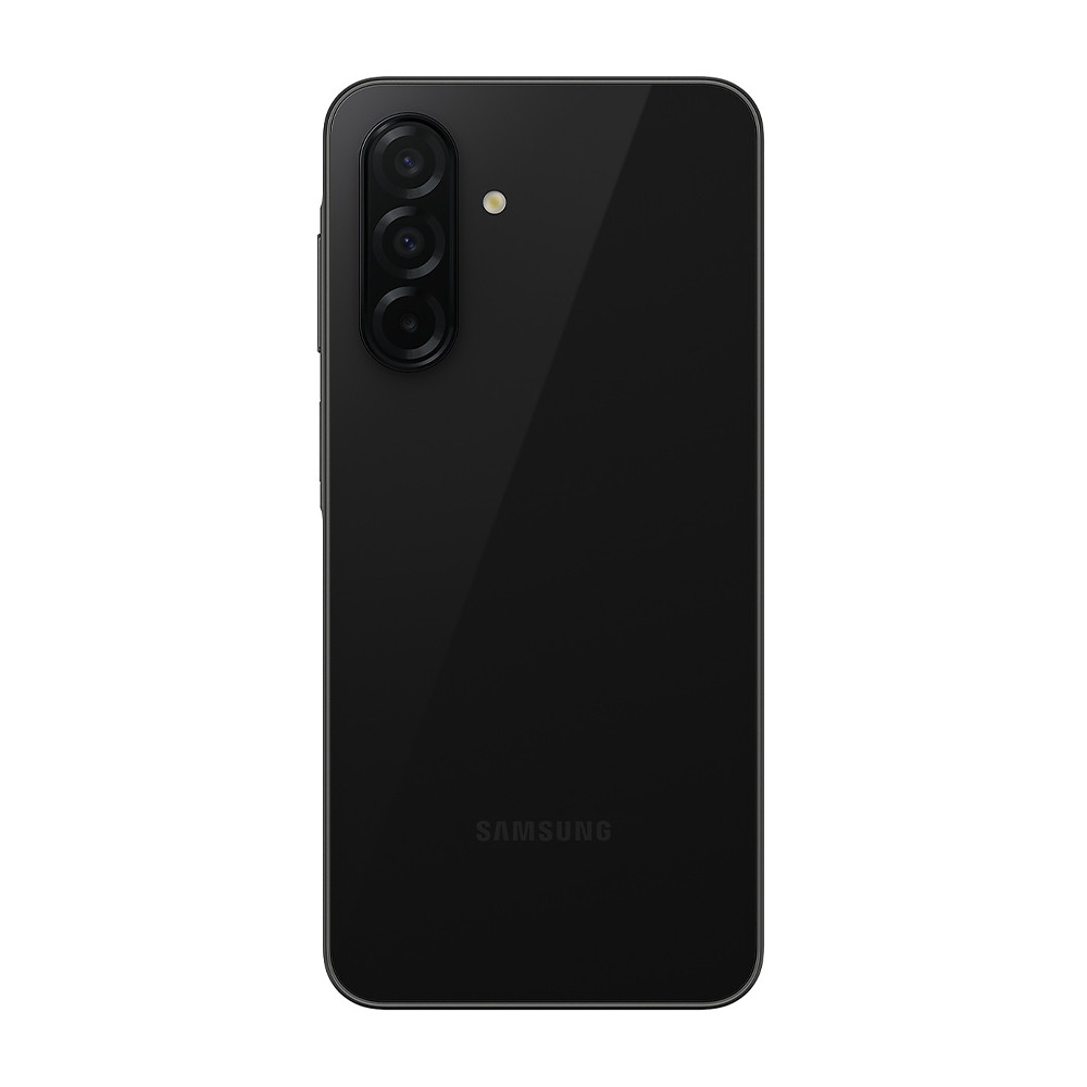 Tył czarnego smartfona z 3 aparatami. Logo Samsung na dole. Elegancki i nowoczesny design.